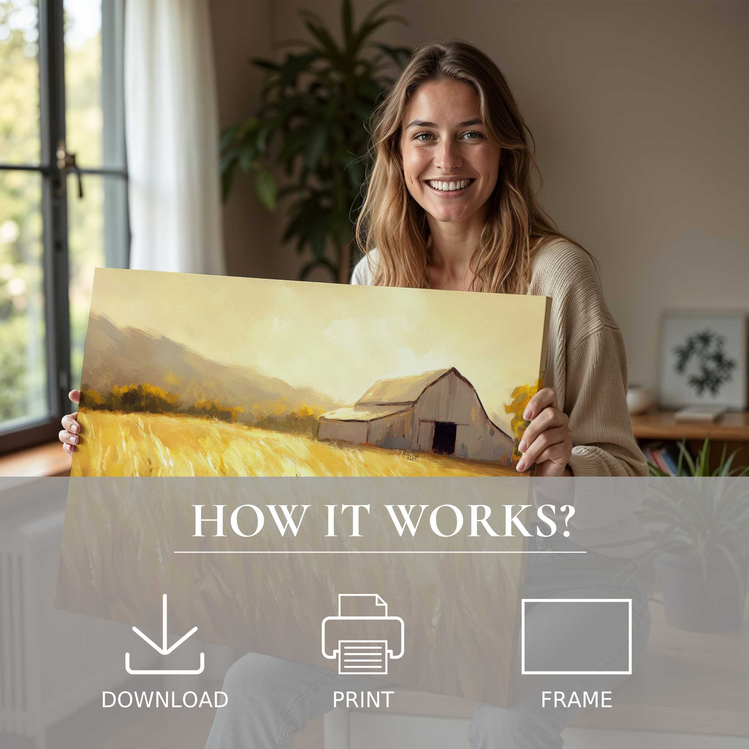 Radiant farmhouse digital art print in warm golden hues, enriching a serene modern home with effortless elegance and heartfelt joy