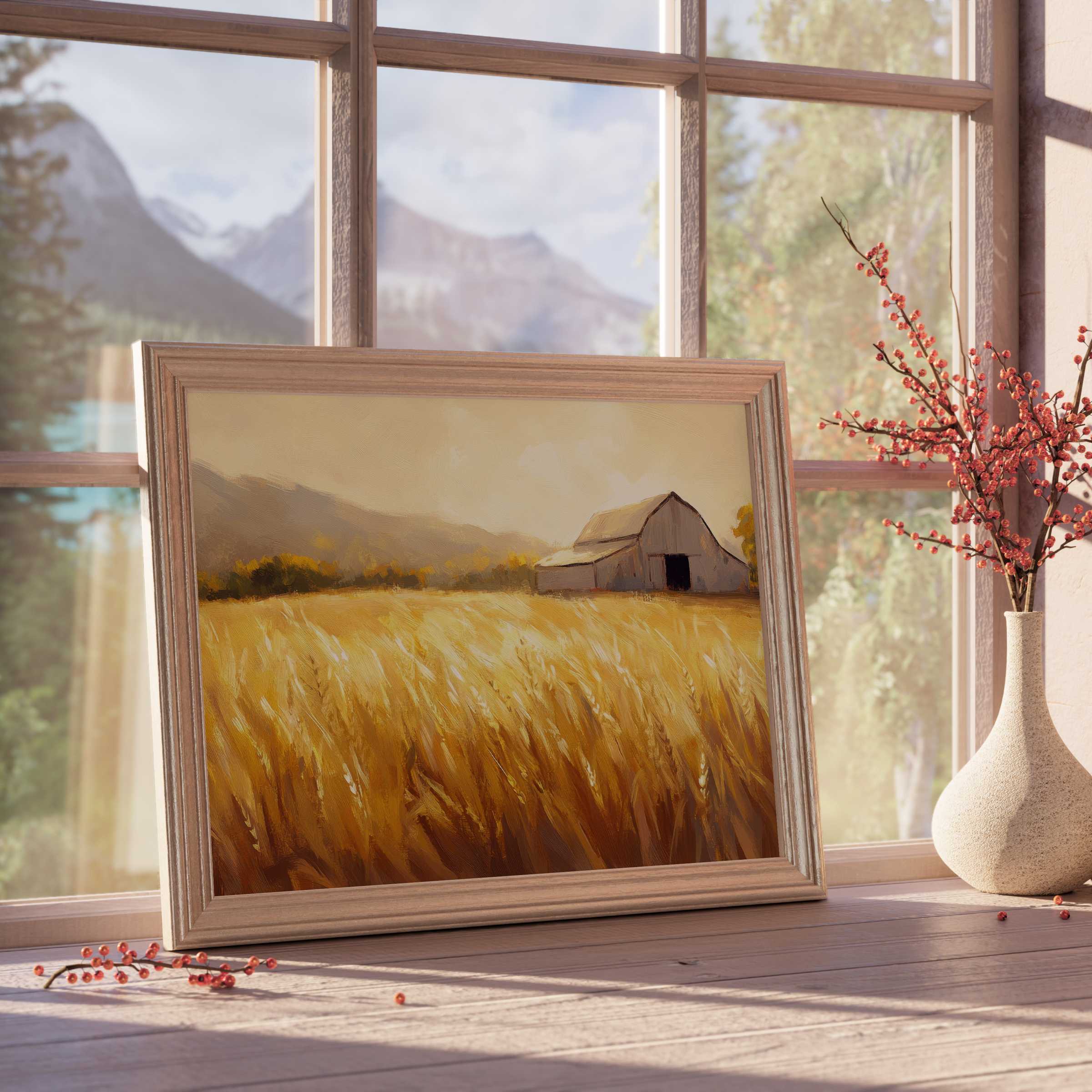 Farmhouse downloadable art capturing golden fields and rustic barns, perfect for tranquil, curated modern farmhouse interiors