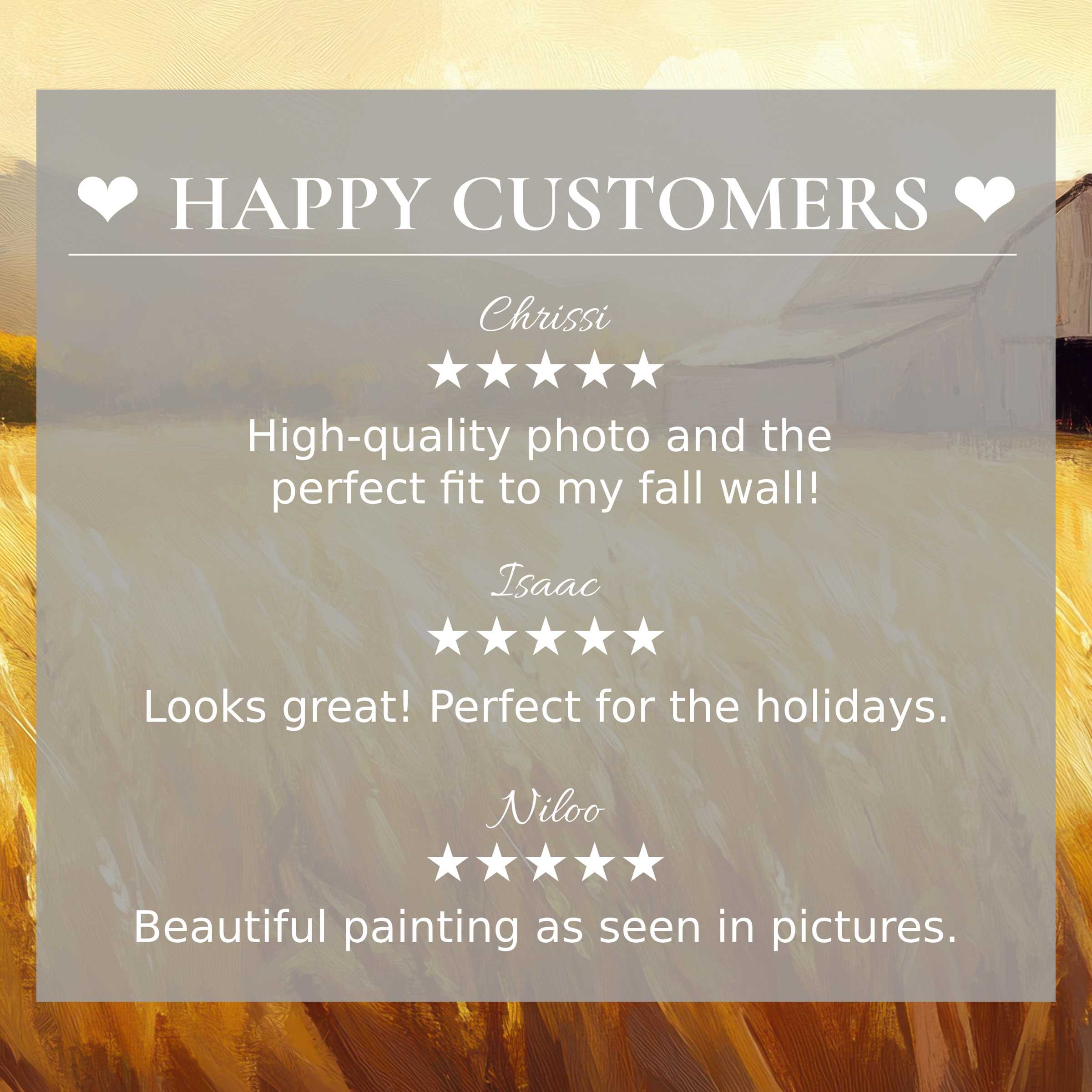 Farmhouse art for Frame TV with abstract sunset background, showcasing happy customer reviews and elegant trust