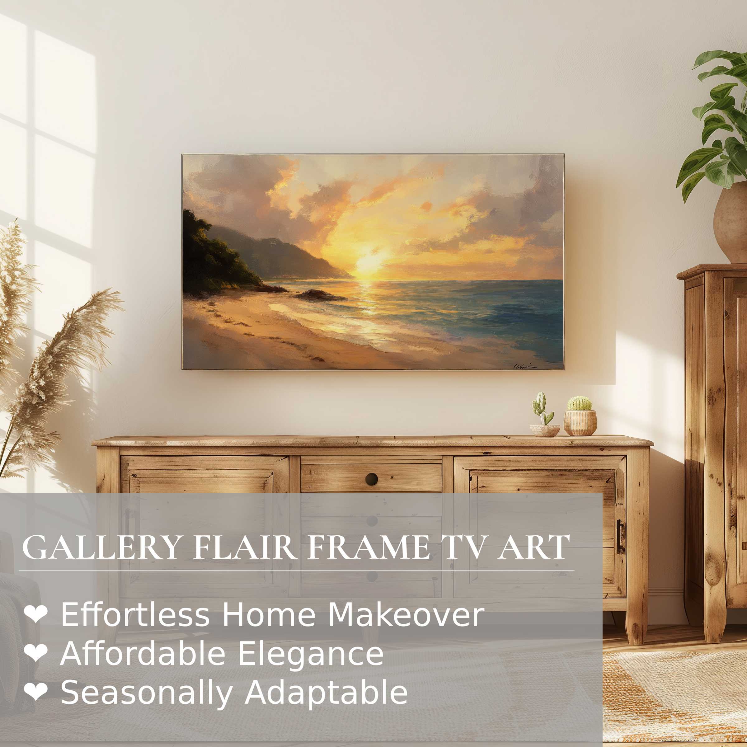 Samsung Frame TV displaying serene beach digital artwork, blending modern elegance with warm coastal style