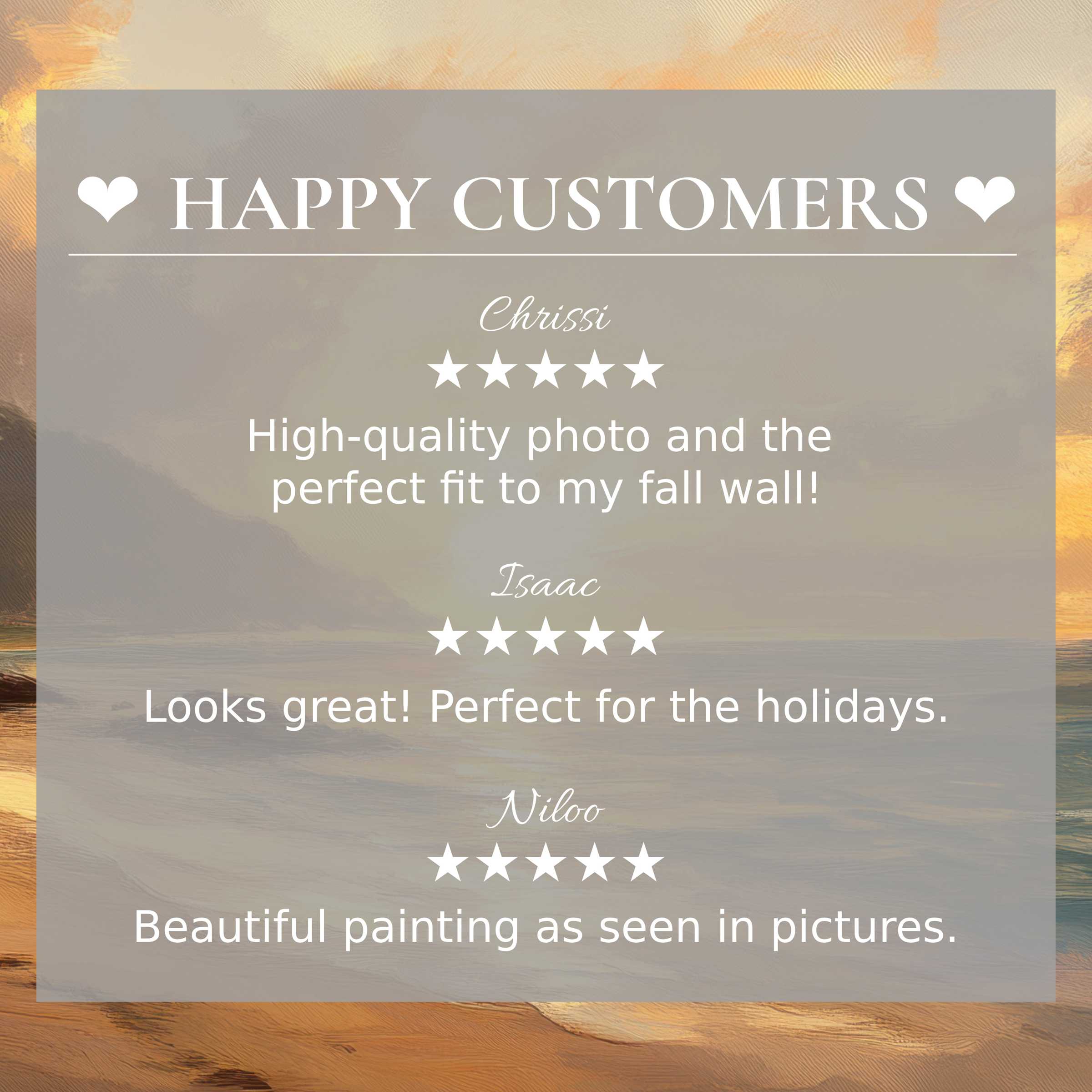 Happy customer reviews highlight elegant beach art for Frame TV with soft abstract sunset colors, building trust and style