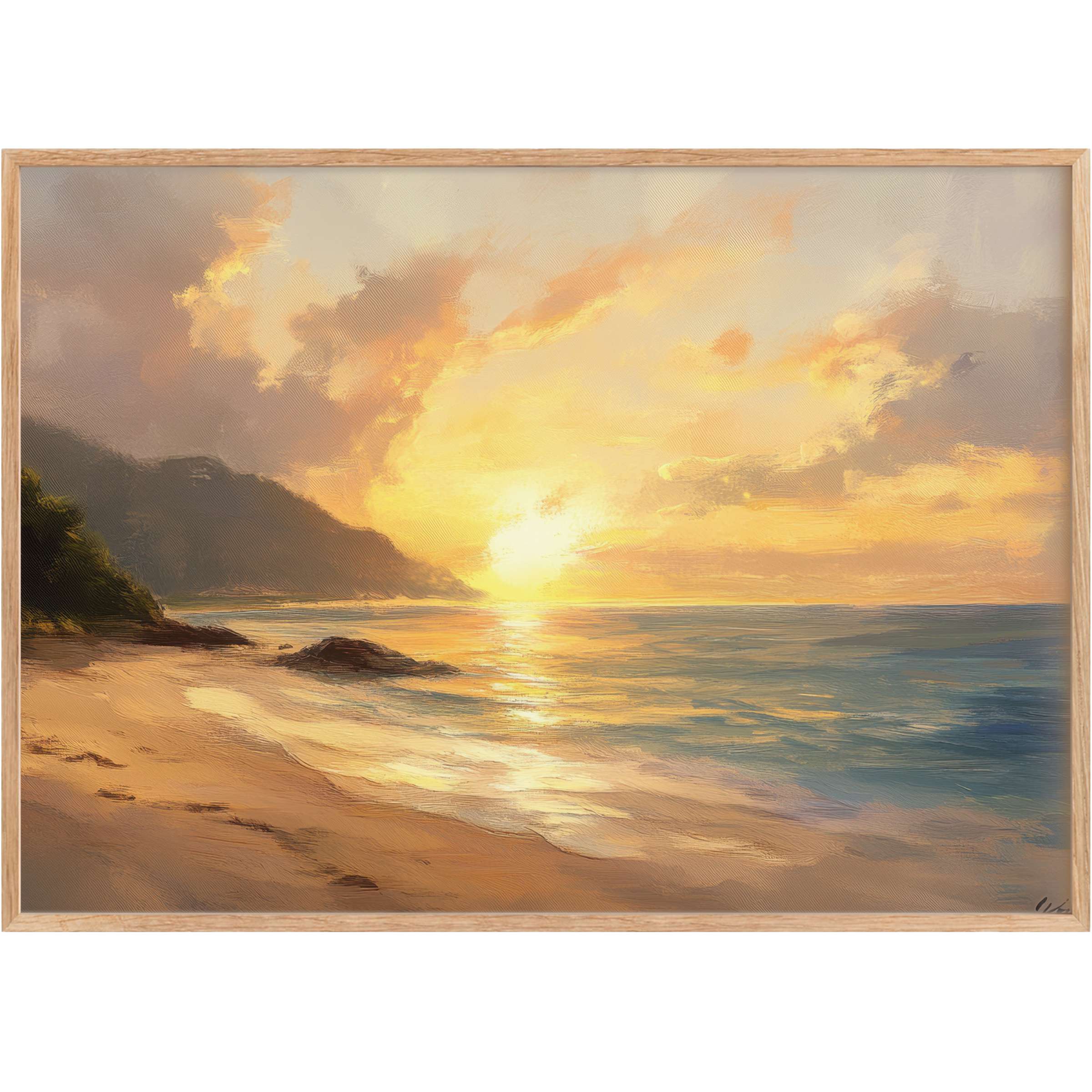 Radiant beach printable wall art with golden sunrise hues and serene ocean blues, evoking peaceful coastal elegance