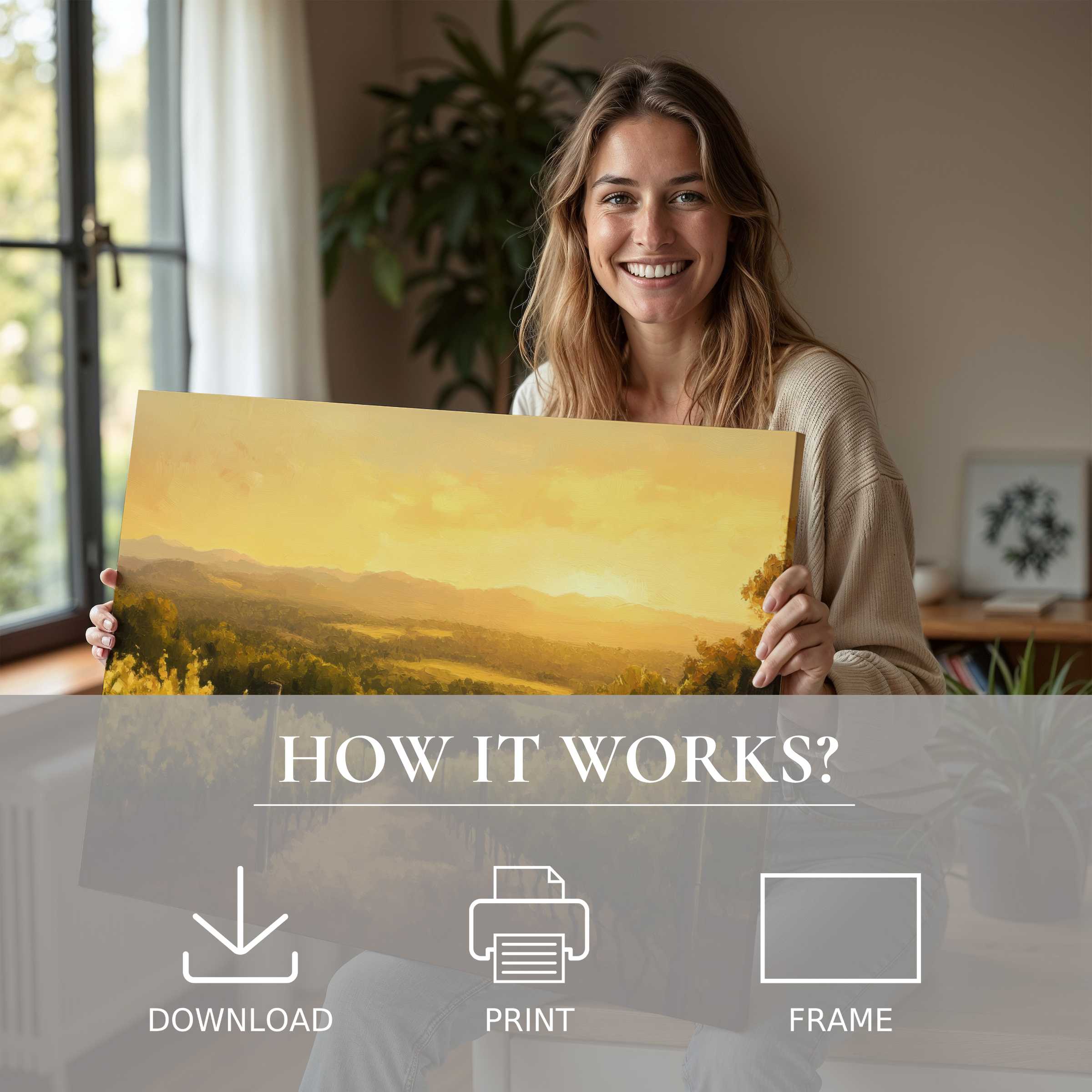 Joyful woman embraces a vintage digital art print of golden-hued landscape, embodying serene elegance in modern home decor