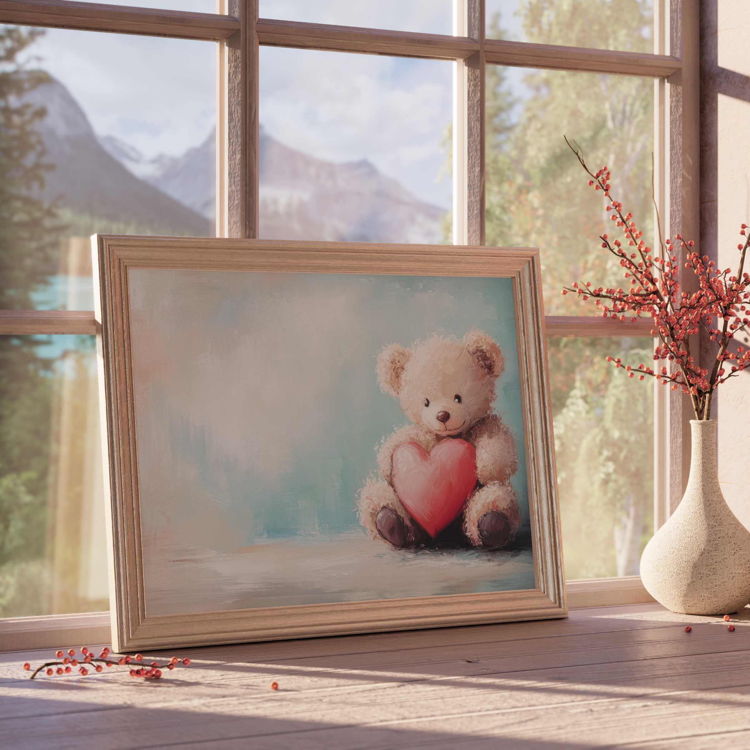 Nursery downloadable art featuring a tender teddy bear hugging a heart, infusing calm and curated warmth into stylish, serene interiors