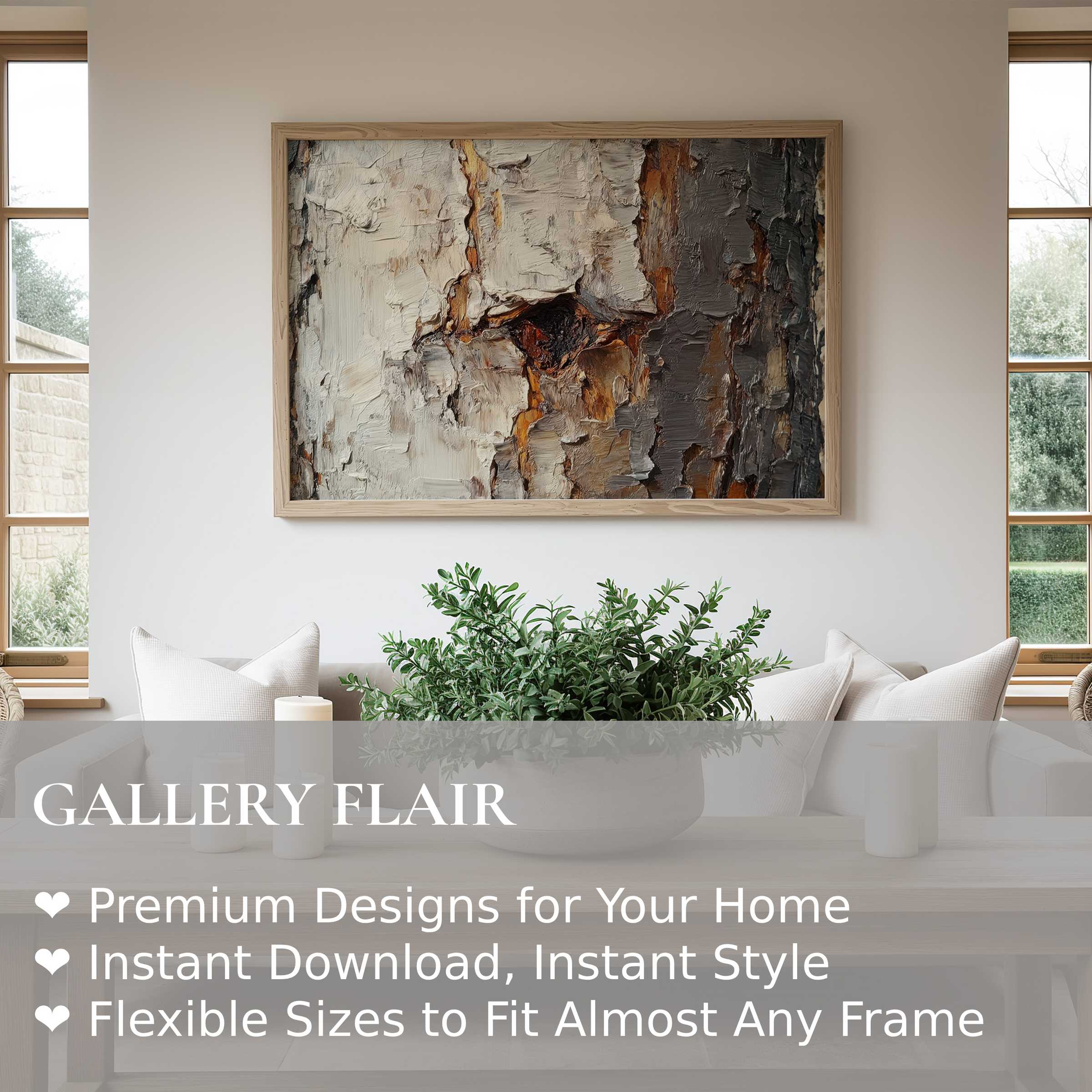 Botanical wall art print capturing textured tree bark in warm earth tones, adding a serene, organic touch to modern minimalist décor