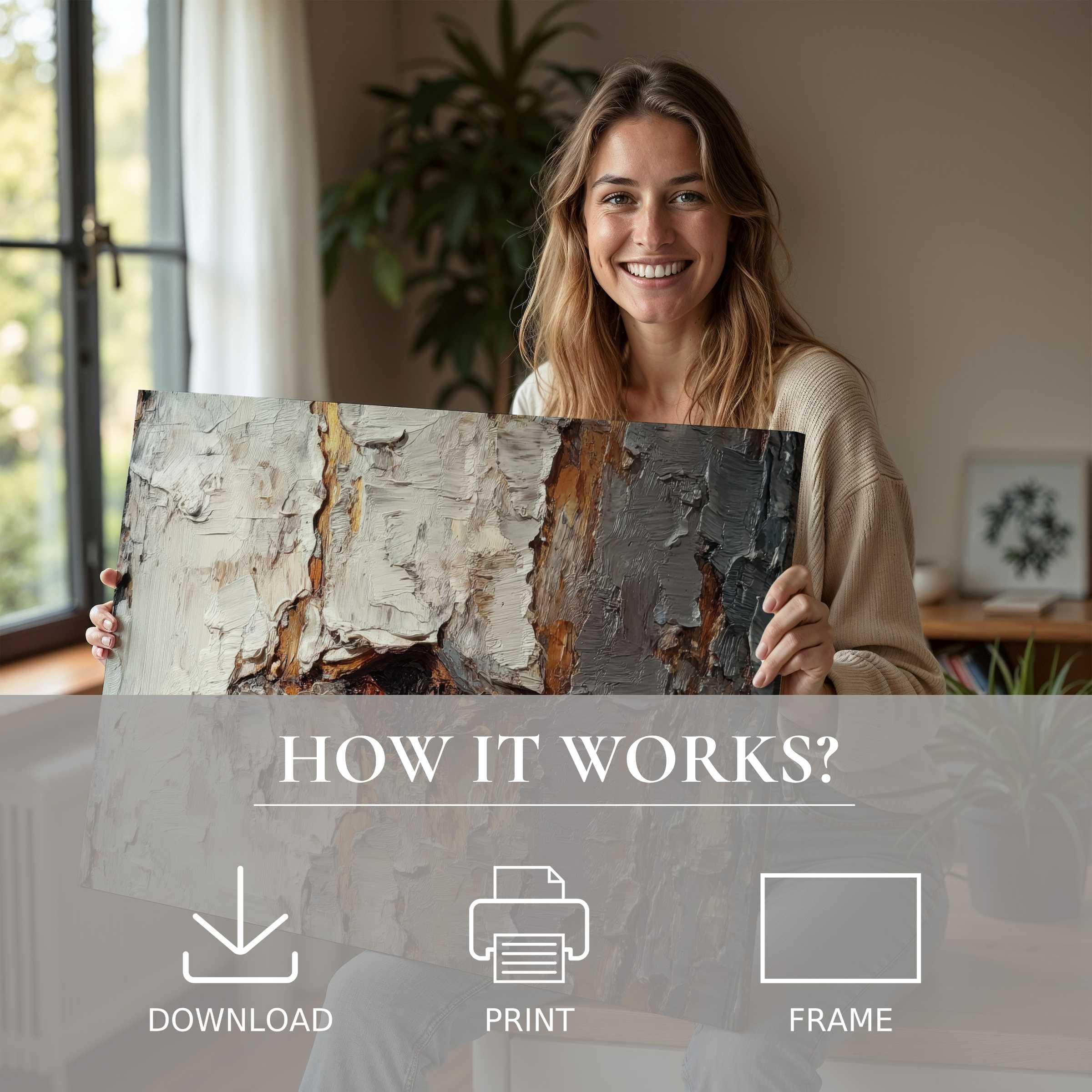 Warm natural light fills a modern home where a woman joyfully reveals a botanical digital art print, celebrating effortless elegance