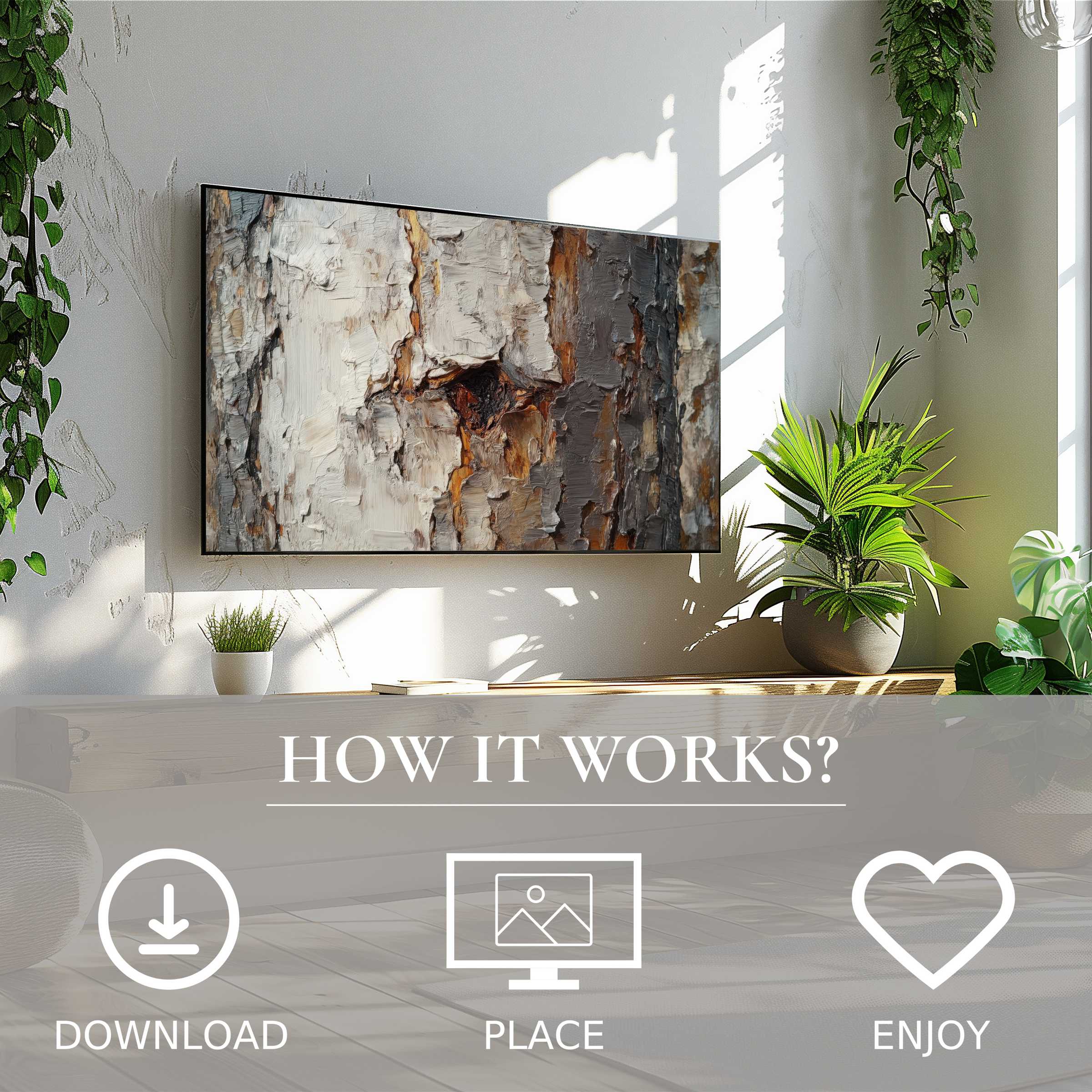Botanical art for Samsung TV shows textured bark in warm earth tones, easy digital download enriches stylish living spaces
