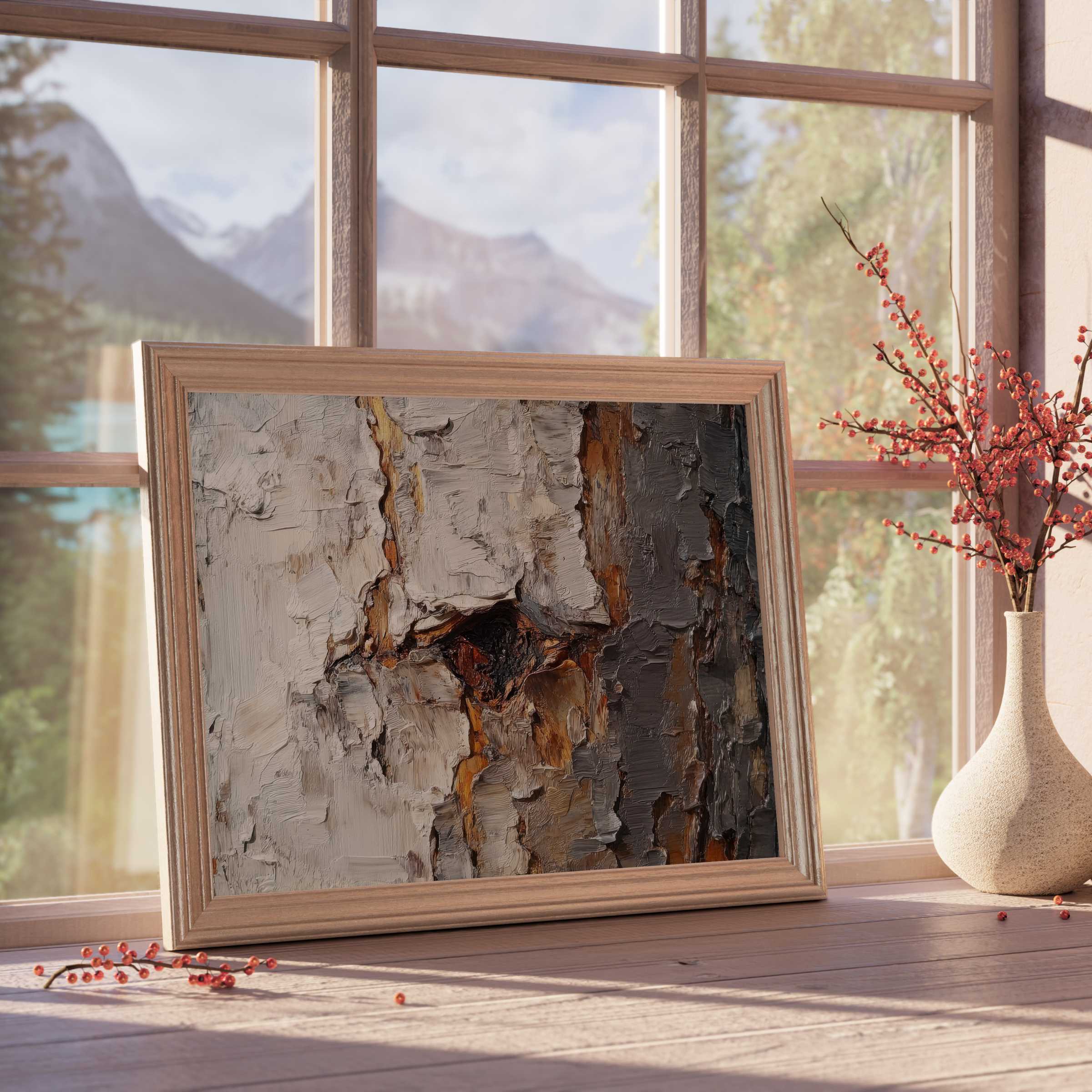Botanical downloadable art capturing textured birch bark with warm earth tones, perfect for curated, tranquil interiors