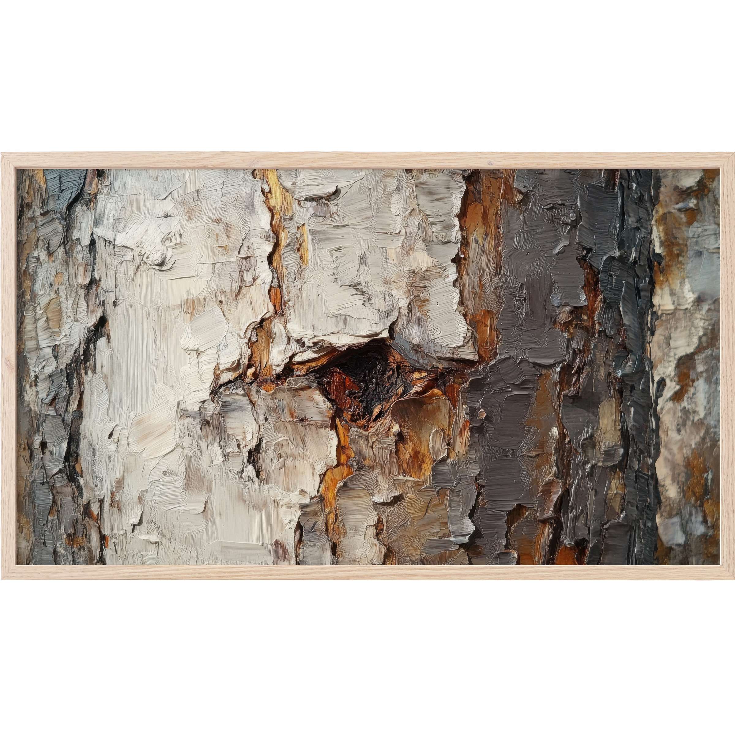 Textured close-up of birch bark with neutral earth tones, an elegant botanical Frame TV Art for refined interiors