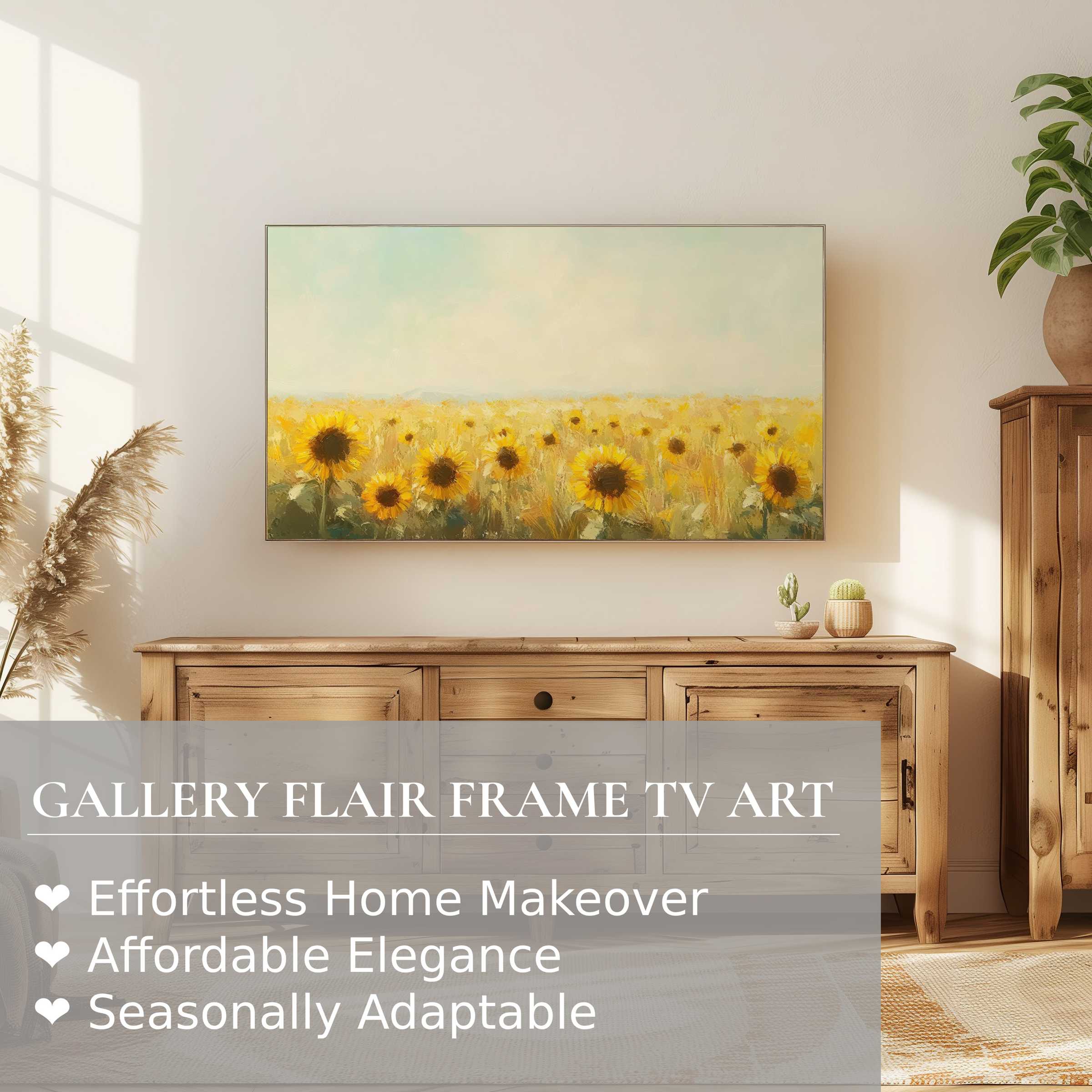 Samsung Frame TV displays warm sunflower landscape digital artwork in a serene, elegant living space with natural wood decor