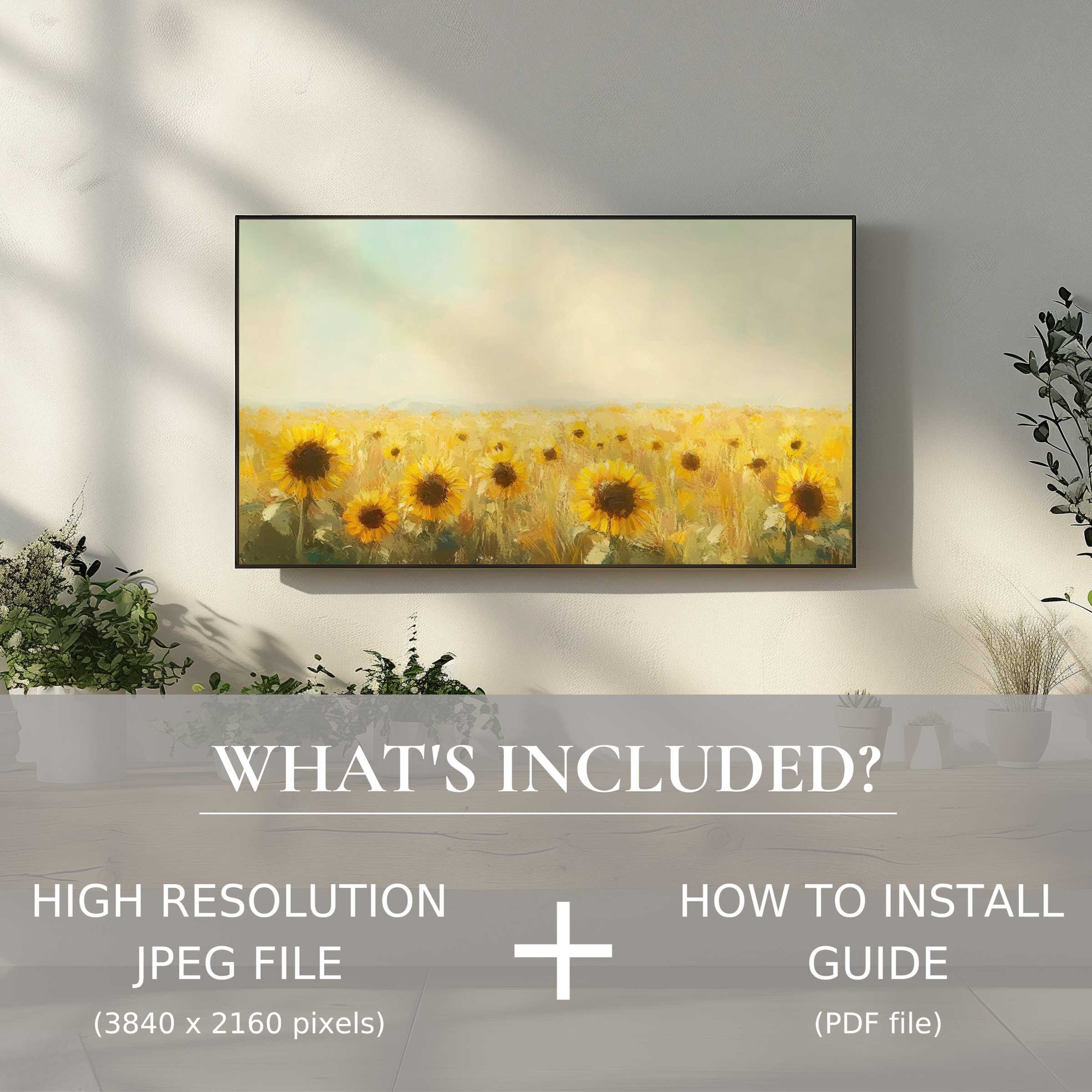 Elegant landscape digital TV art download of sunflowers, effortlessly enhancing stylish living spaces with easy digital use