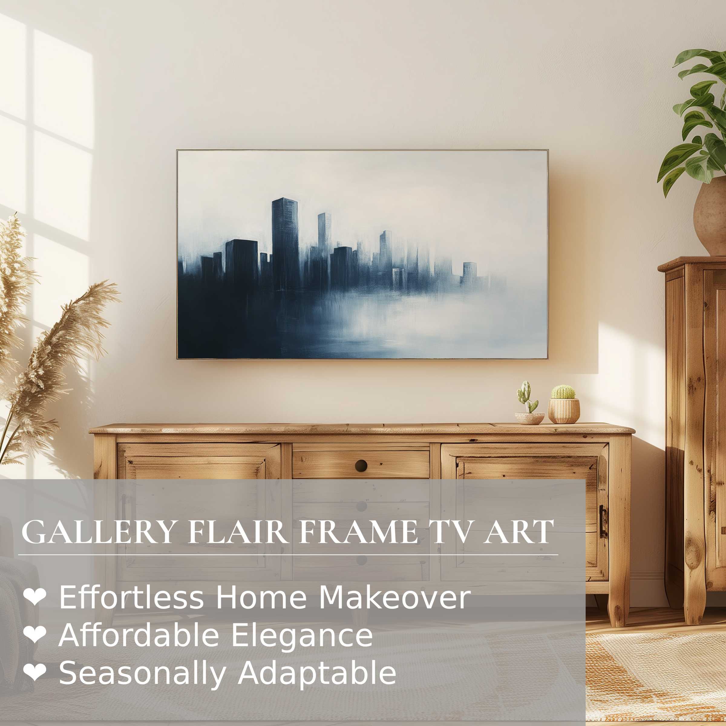 Samsung Frame TV displays modern digital artwork of a misty cityscape in a warm, elegant living room setting