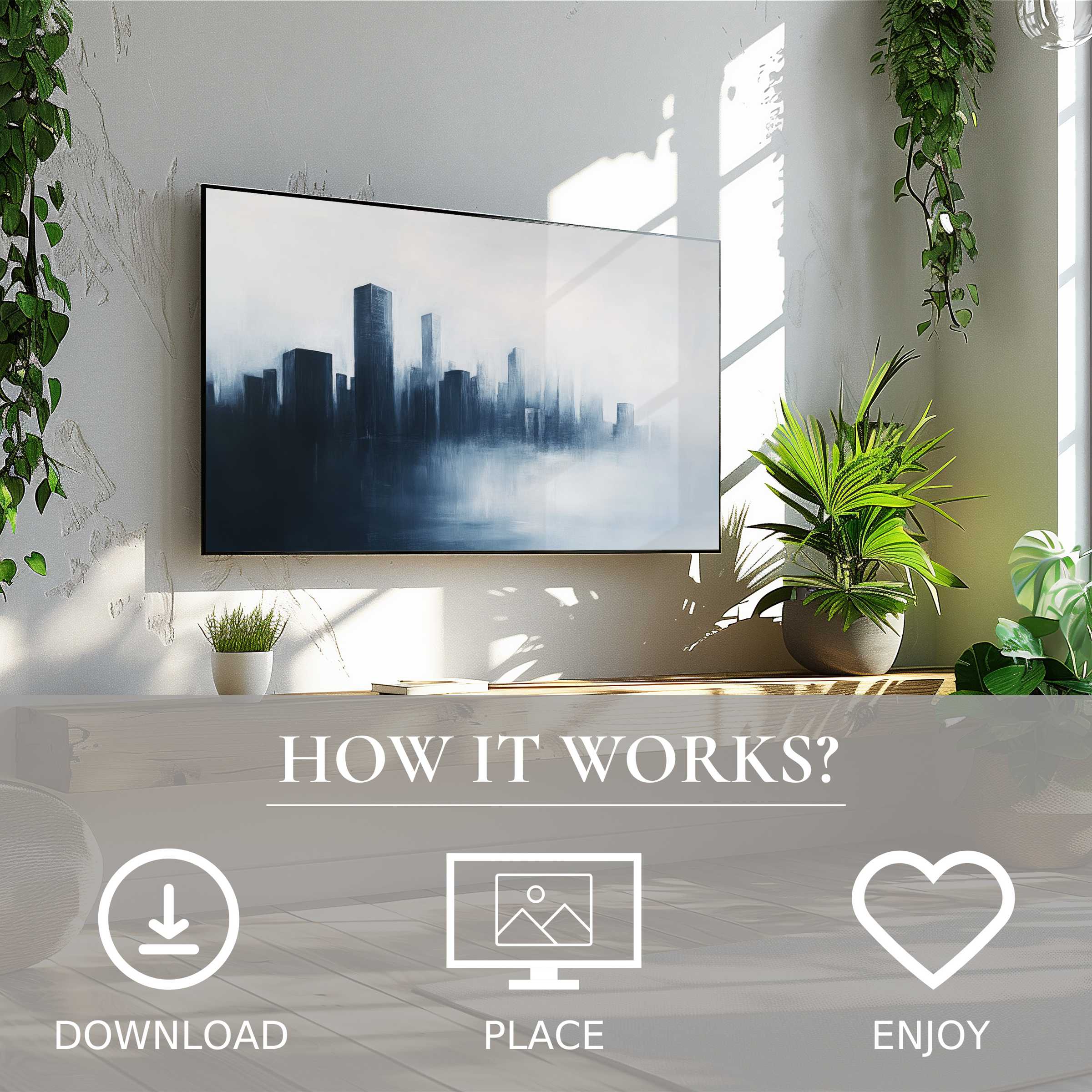 Modern art for Samsung TV shows misty cityscape in blue hues, easy digital download enhances sleek, green-filled living spaces