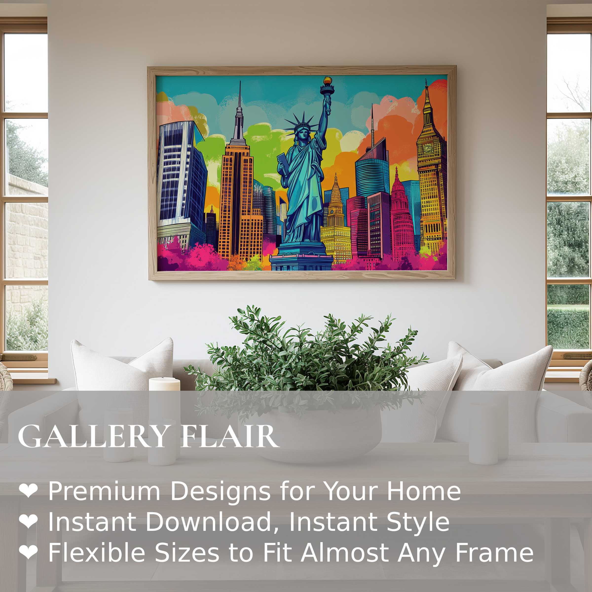 Vibrant pop art wall art print of iconic New York skyline energizes this minimalist living room with bold, colorful urban flair and dynamic contemporary style
