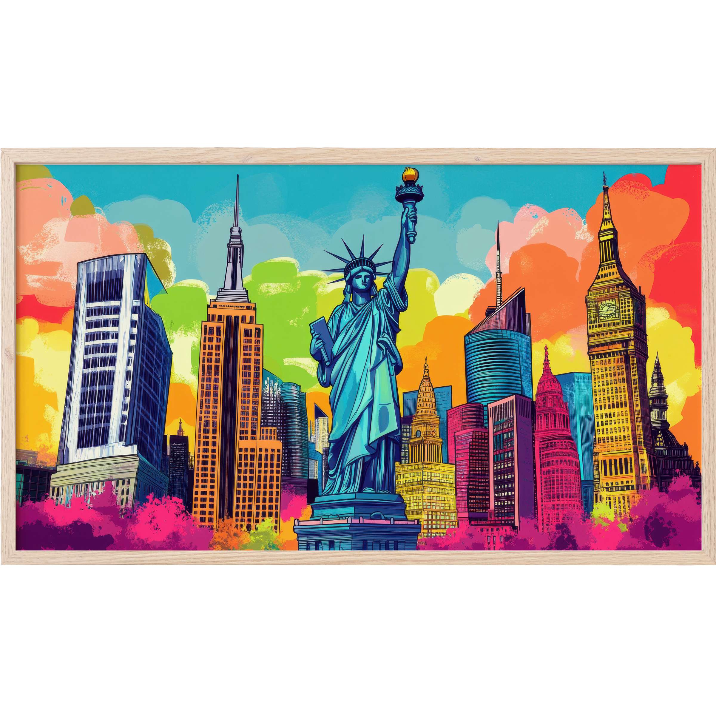 Vibrant pop art Frame TV Art featuring iconic NYC skyline, bold hues of blue, orange, pink, and yellow in modern style