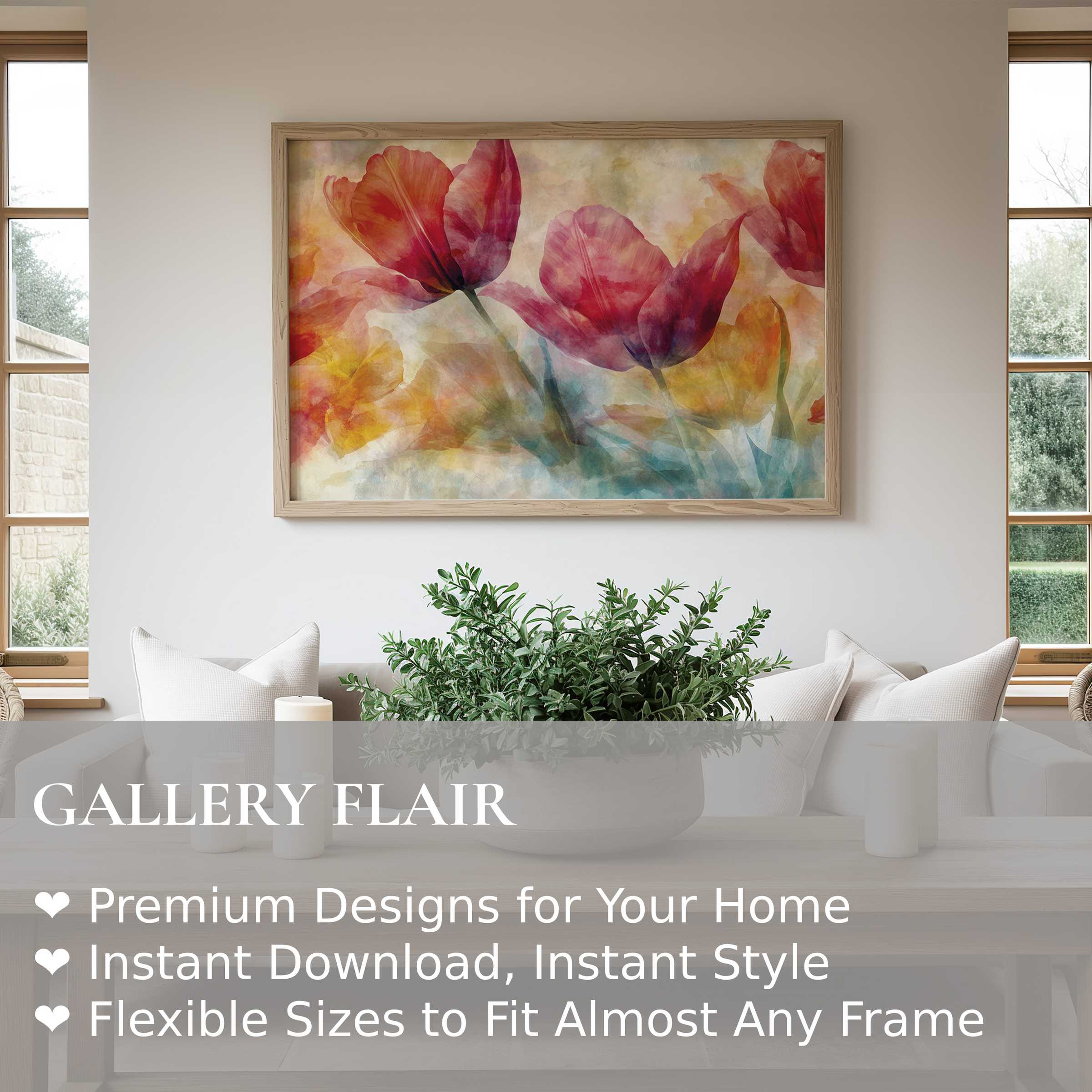 Radiant floral wall art print with vivid red tulips and soft watercolor hues, enhancing modern minimalist living spaces with elegance