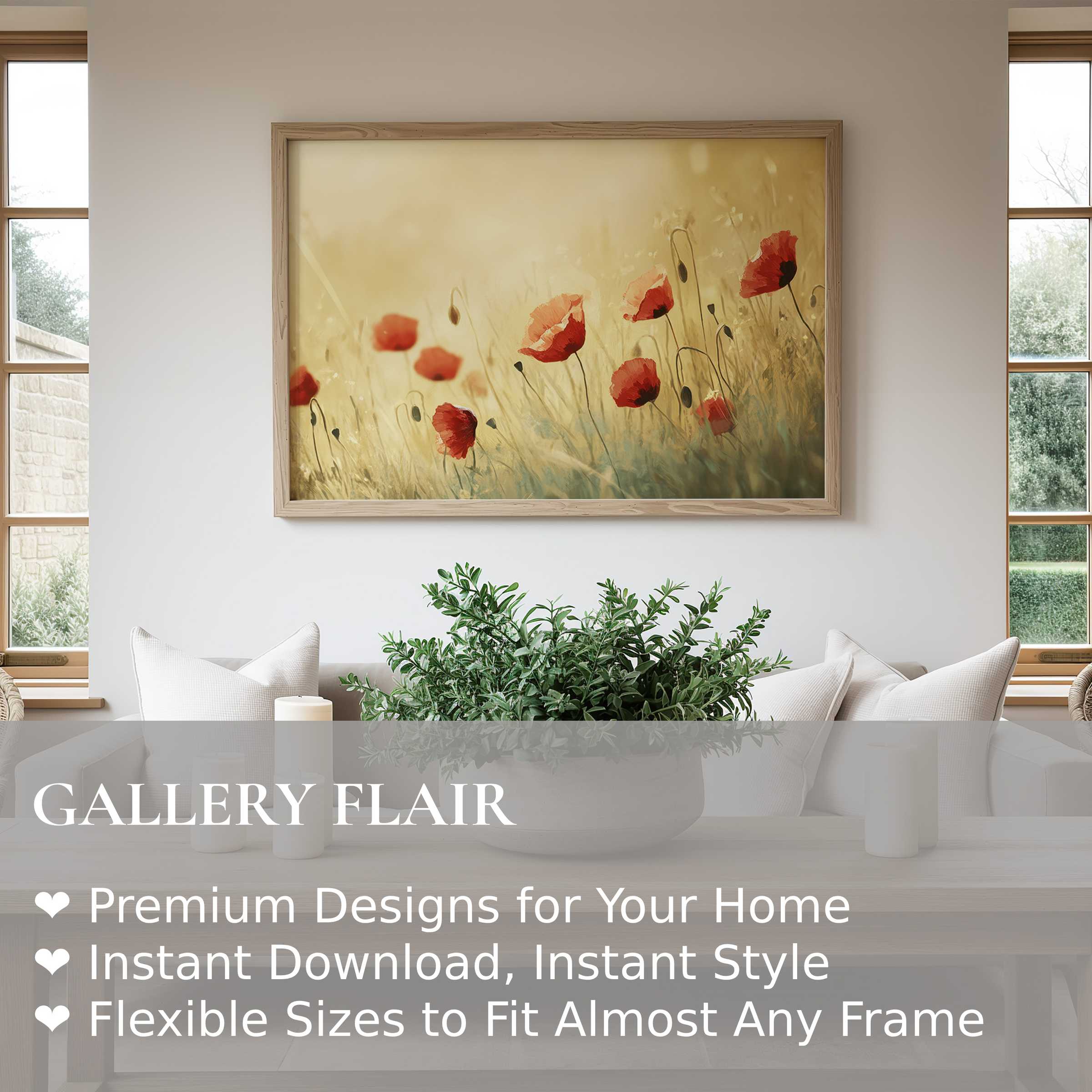 Spring wall art print featuring radiant red poppies in soft golden light, elevating serene modern farmhouse interiors with natural warmth