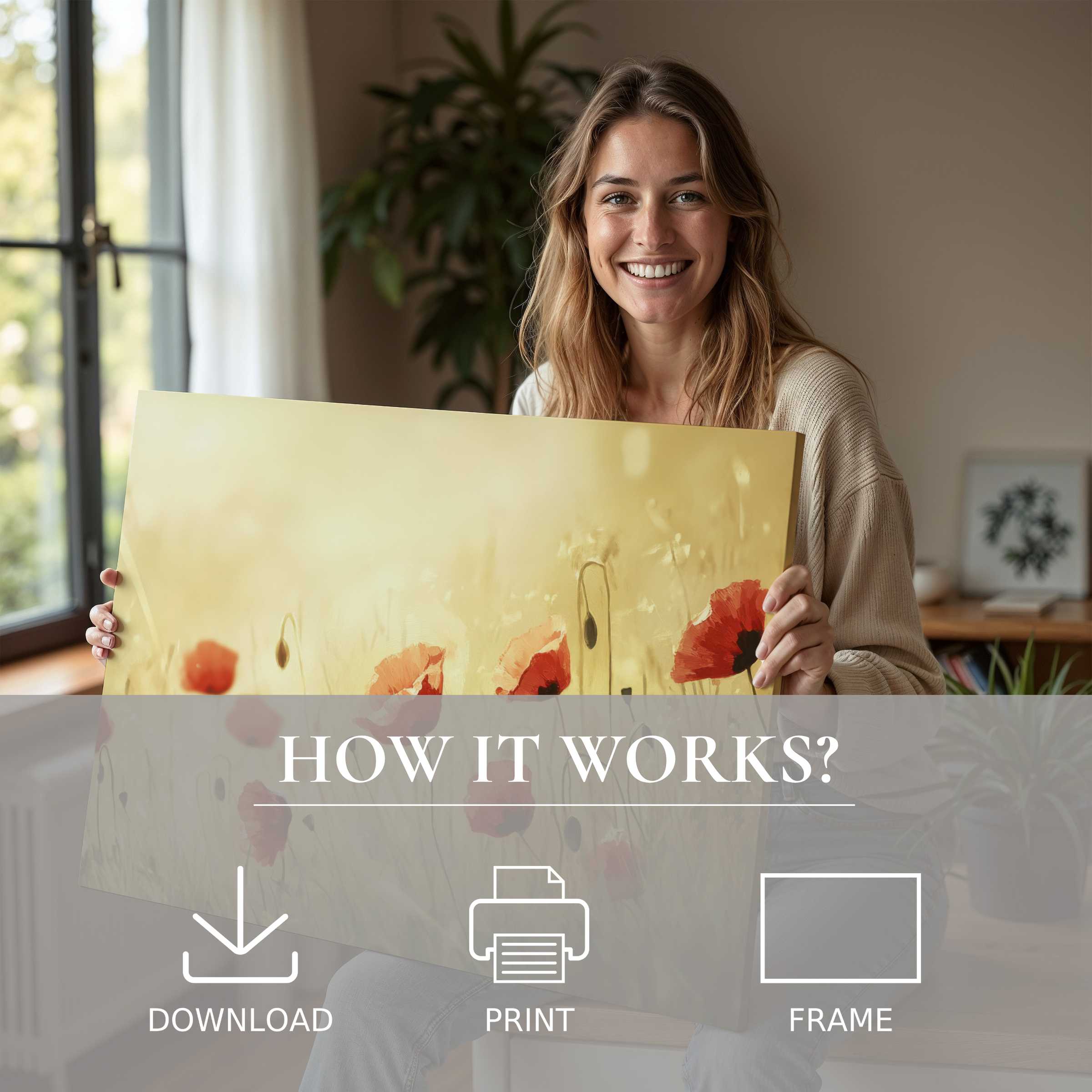 Refined spring digital art print in warm golden hues, capturing serene joy and effortless elegance in a chic modern home