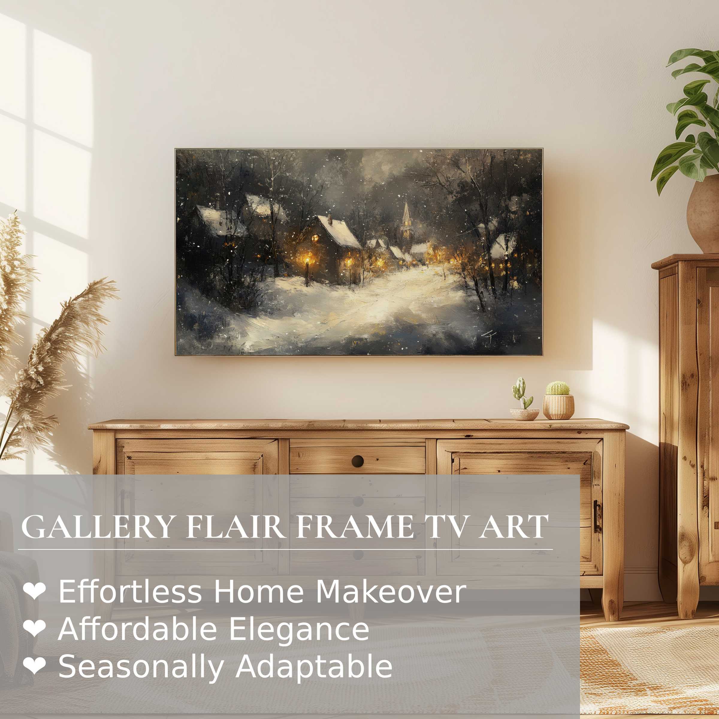 Elegant winter digital artwork of snow-covered village on Samsung Frame TV, enhancing refined home decor ambiance
