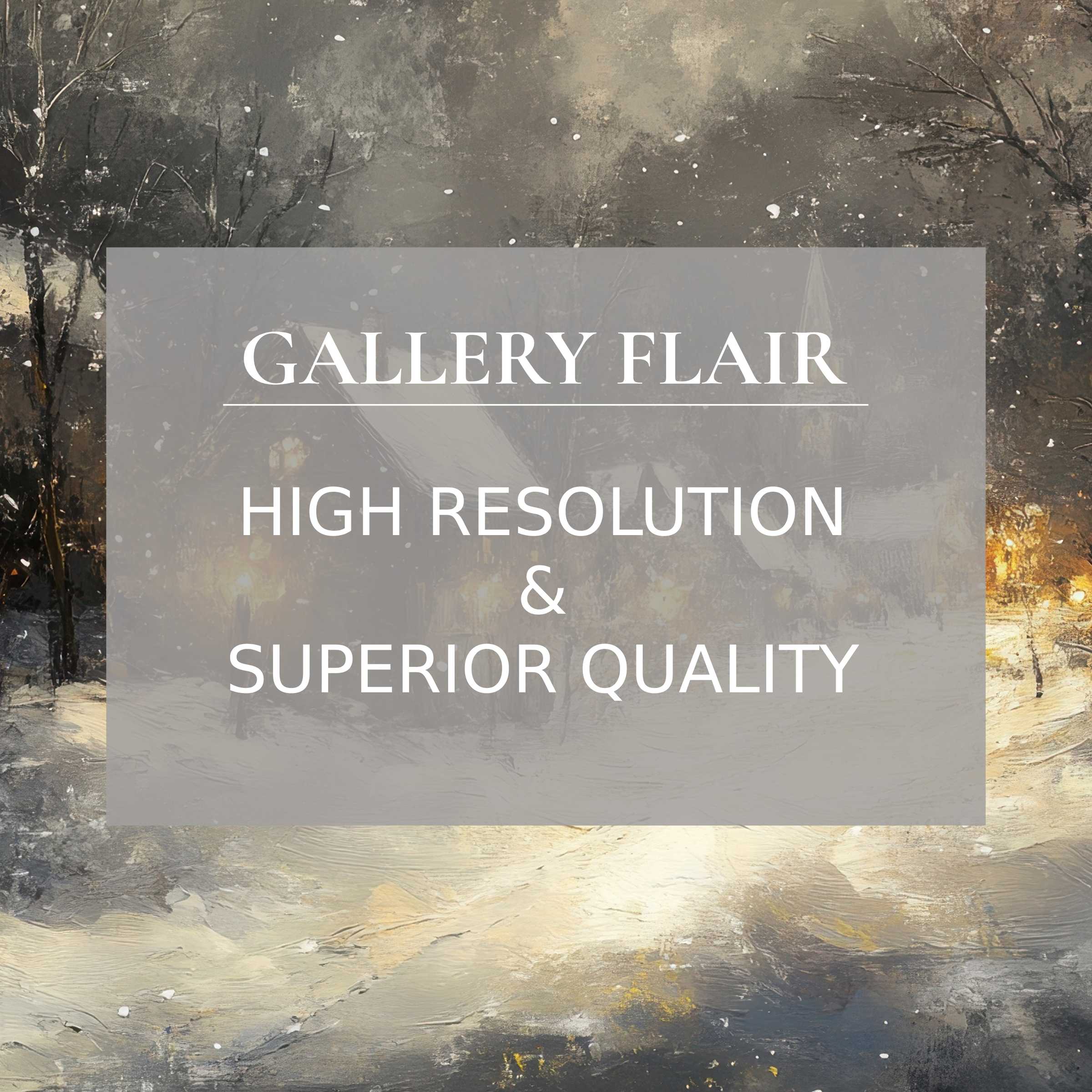 Winter printable art capturing a serene snowy village at dusk, enhancing modern interiors with refined, high-resolution detail and warm ambiance