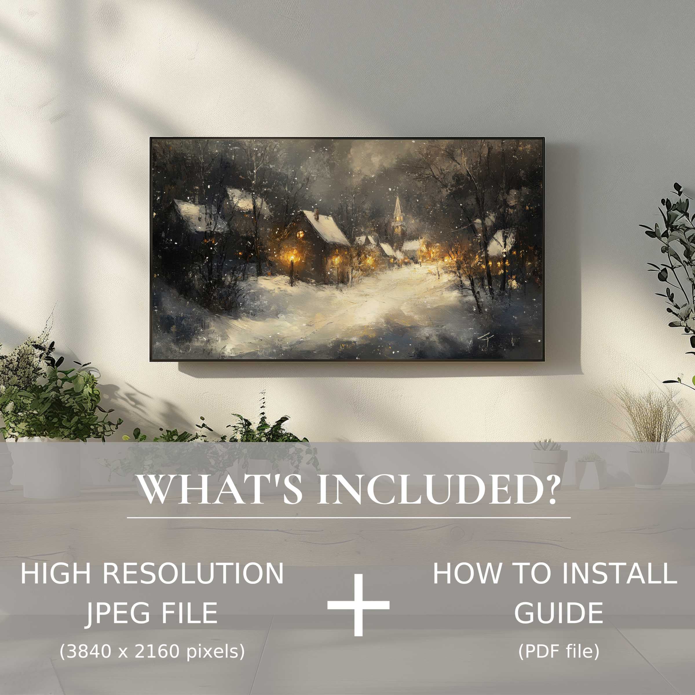 Elegant winter digital TV art download featuring a snowy village, enhancing your living space with easy digital use