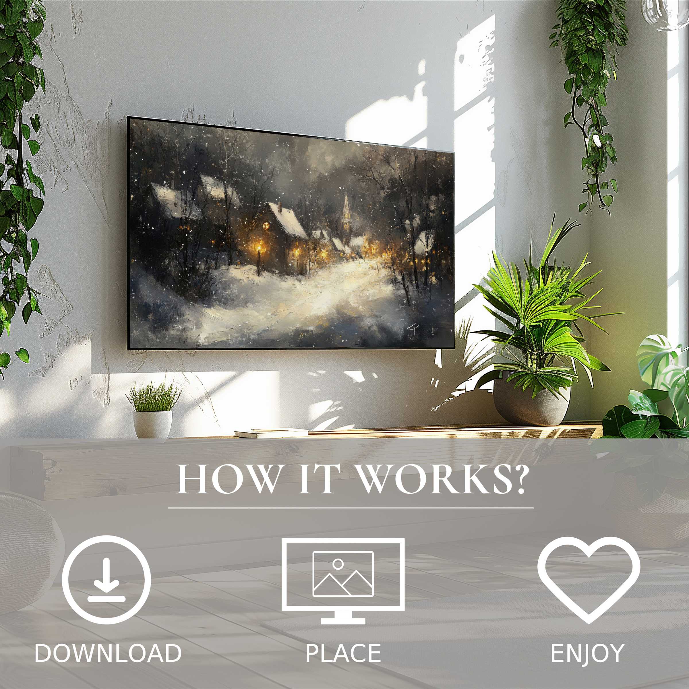 Winter art for Samsung TV shows soft snow village scene; easy digital download enriches stylish, bright living spaces