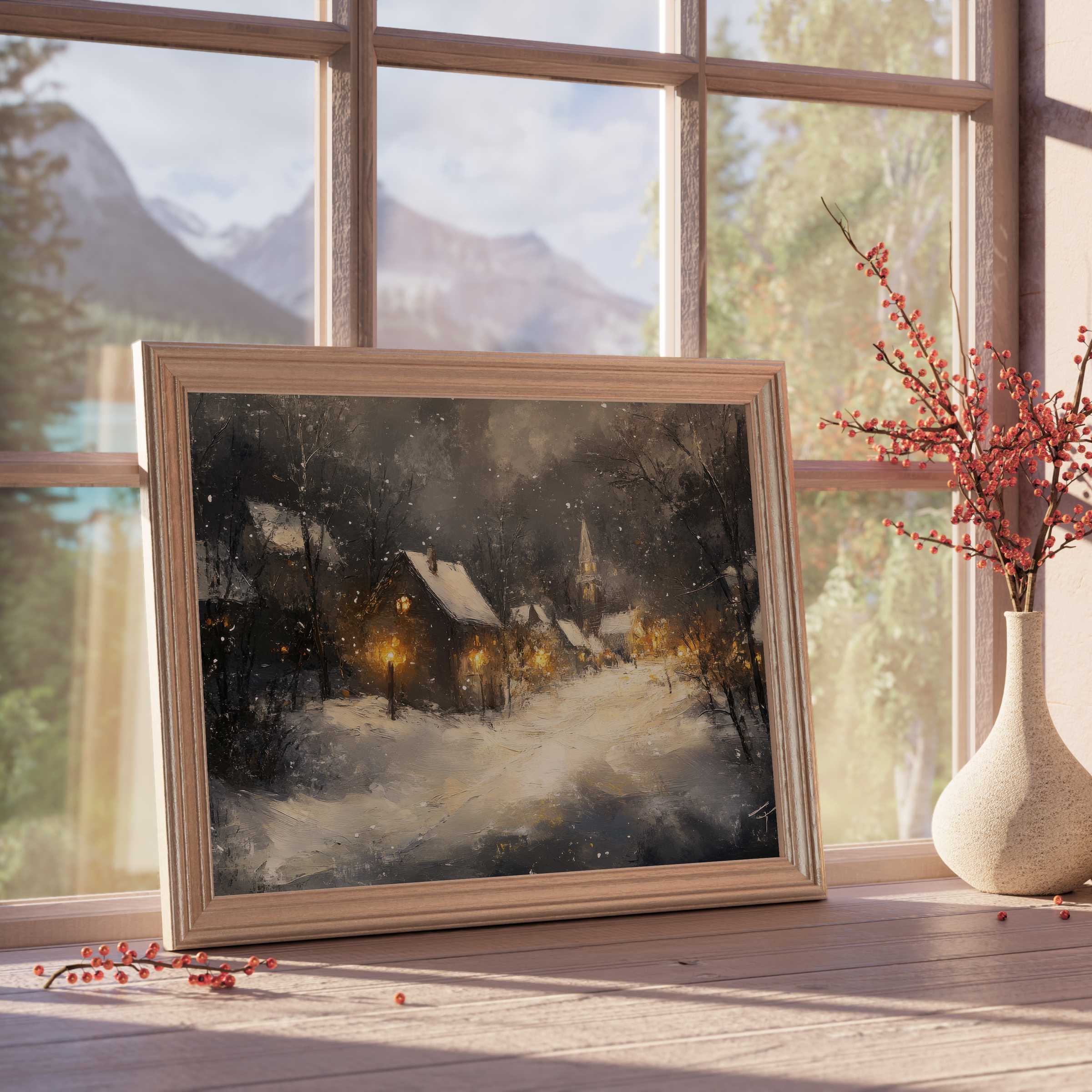 Winter downloadable art capturing a serene snow-kissed village glowing with warm lamplight, perfect for tranquil, curated interiors