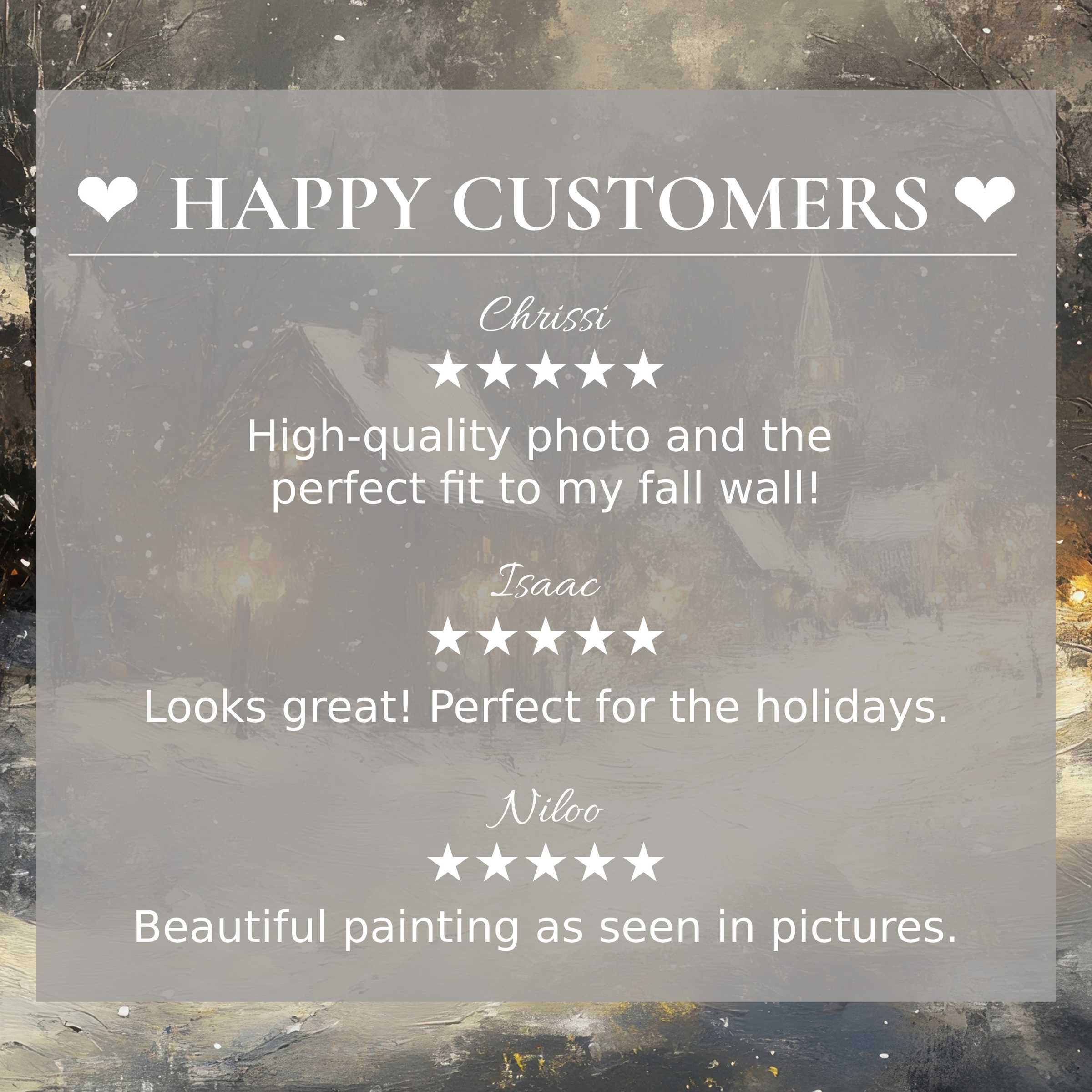 Winter art for Frame TV with a muted village scene, showcasing happy customer reviews and refined elegance