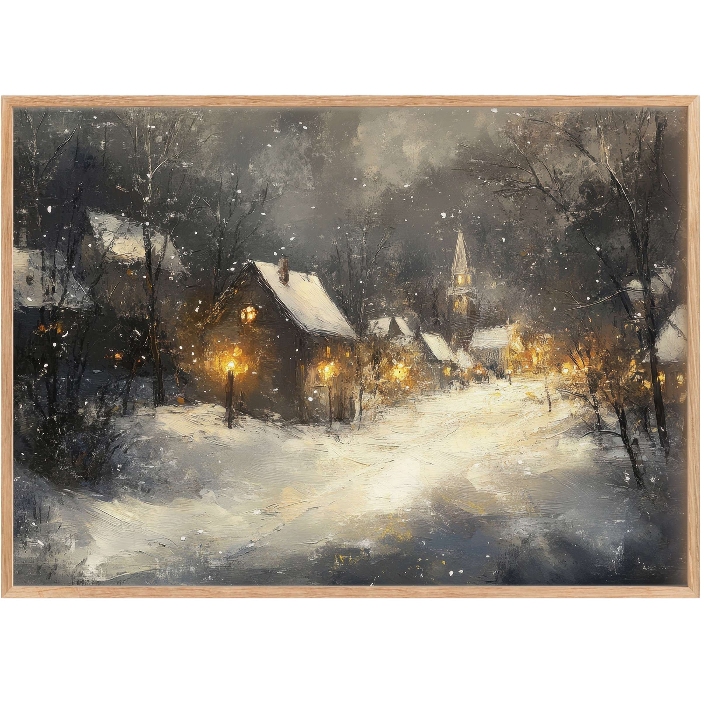 Winter printable wall art capturing a serene snowy village bathed in warm golden lights, evoking cozy, timeless elegance