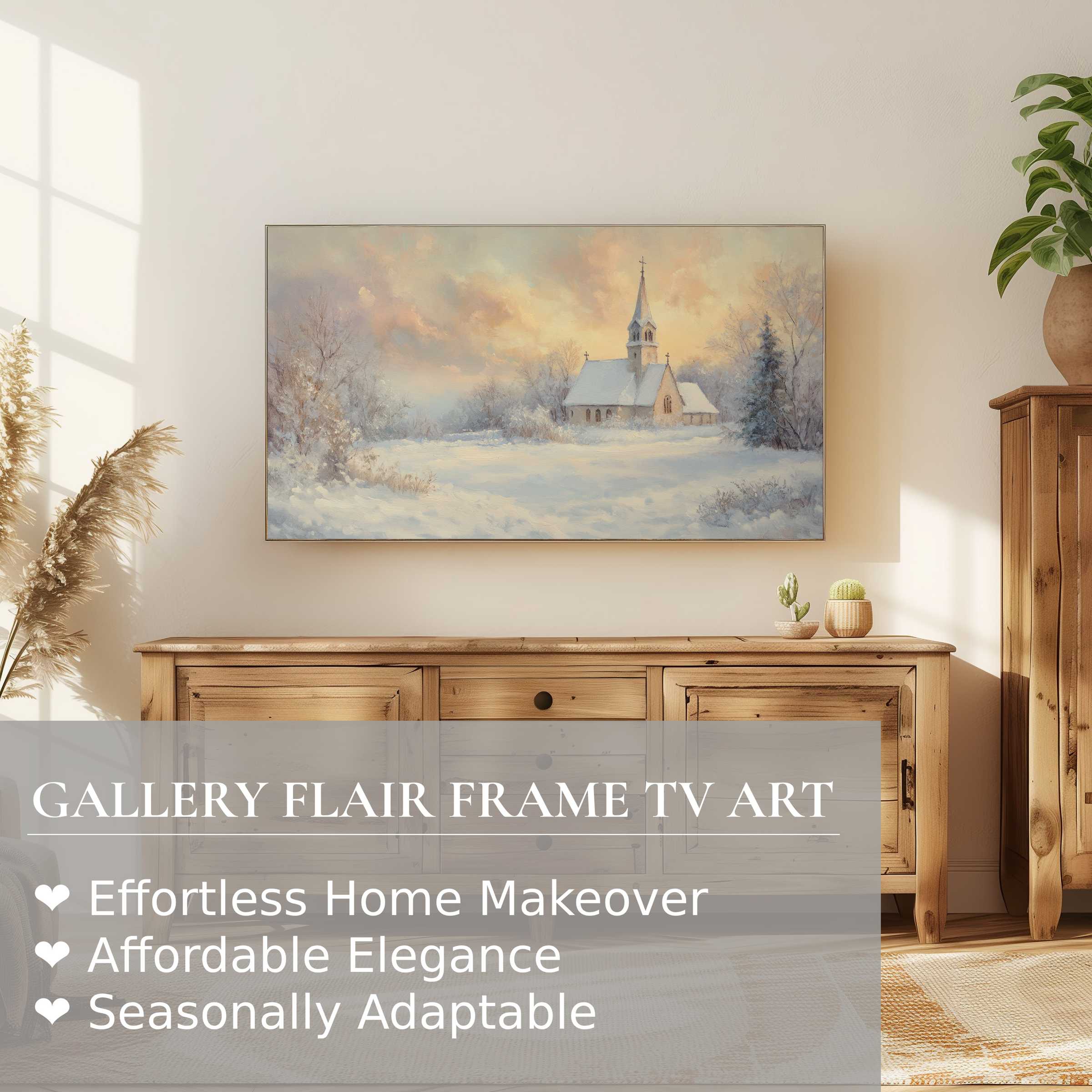 Samsung Frame TV displaying elegant christmas digital artwork of a serene snow-covered church in warm natural light
