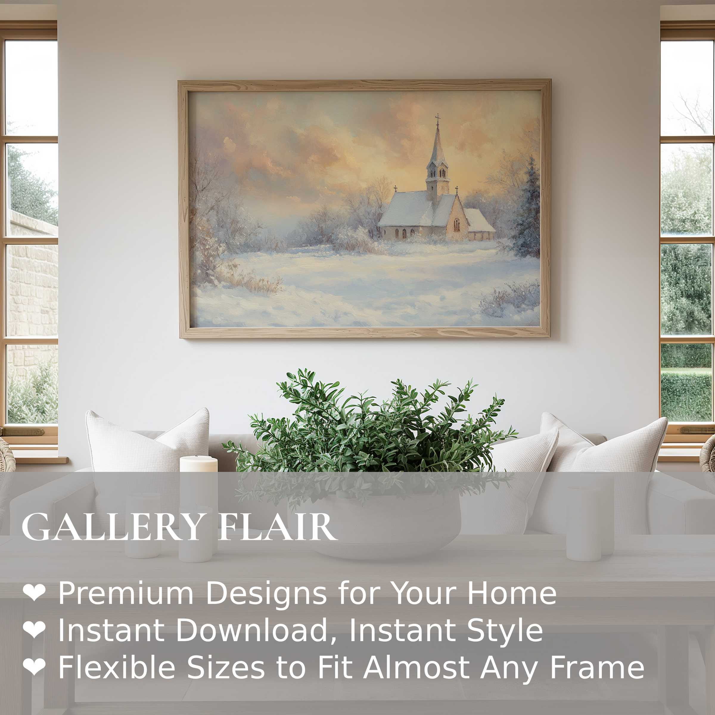 Serene Christmas wall art print featuring a softly glowing winter chapel, enhancing modern minimalist decor with tranquil seasonal charm