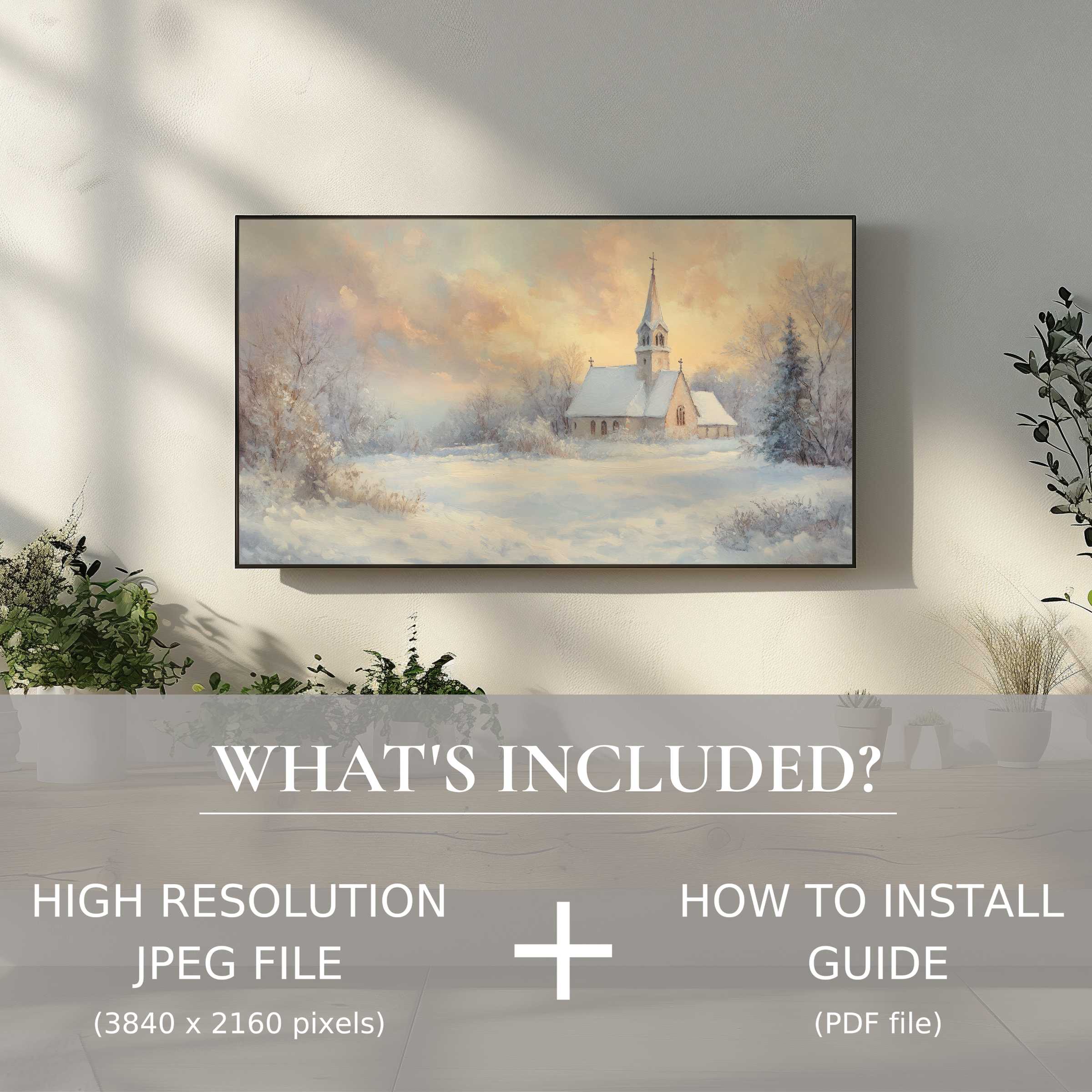 Elegant Christmas digital TV art download showcasing a serene winter church scene, easy to install, enhancing any living space