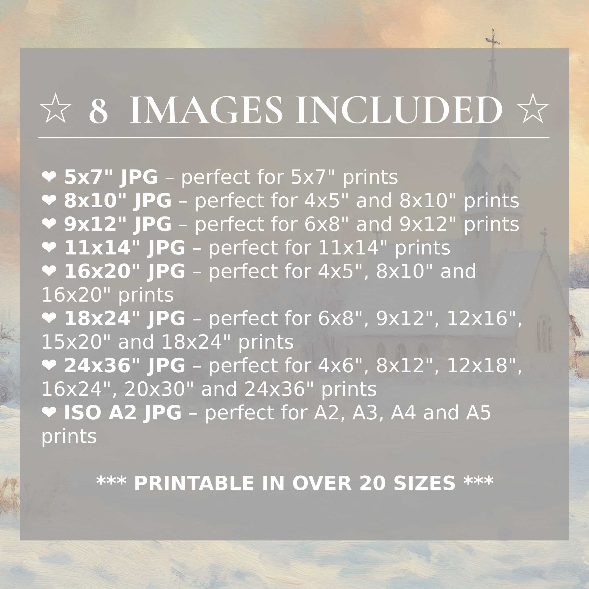 Christmas digital print showcasing a serene snowy village at dusk in soft pastels, with 8 high-quality sizes included