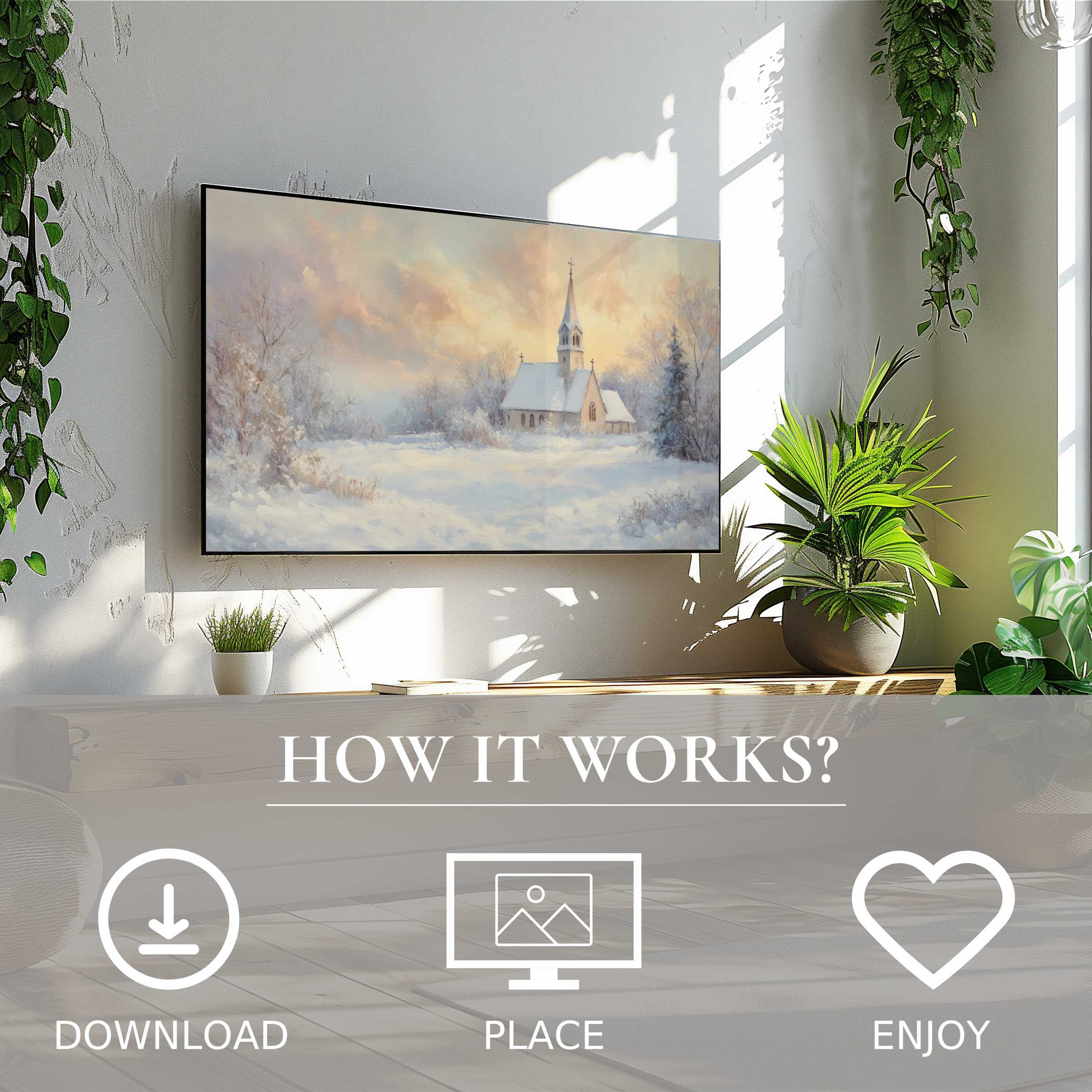 Christmas art for Samsung TV shows a soft winter sunrise over a snowy church, easy digital download enriches modern spaces