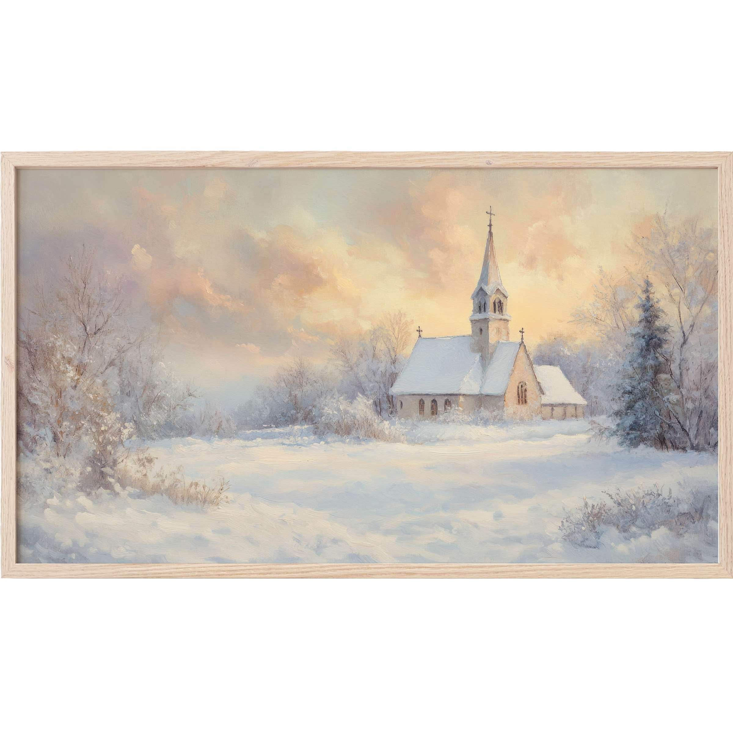 Elegant winter landscape with snowy church, soft pastels and warm light, perfect Christmas Frame TV Art