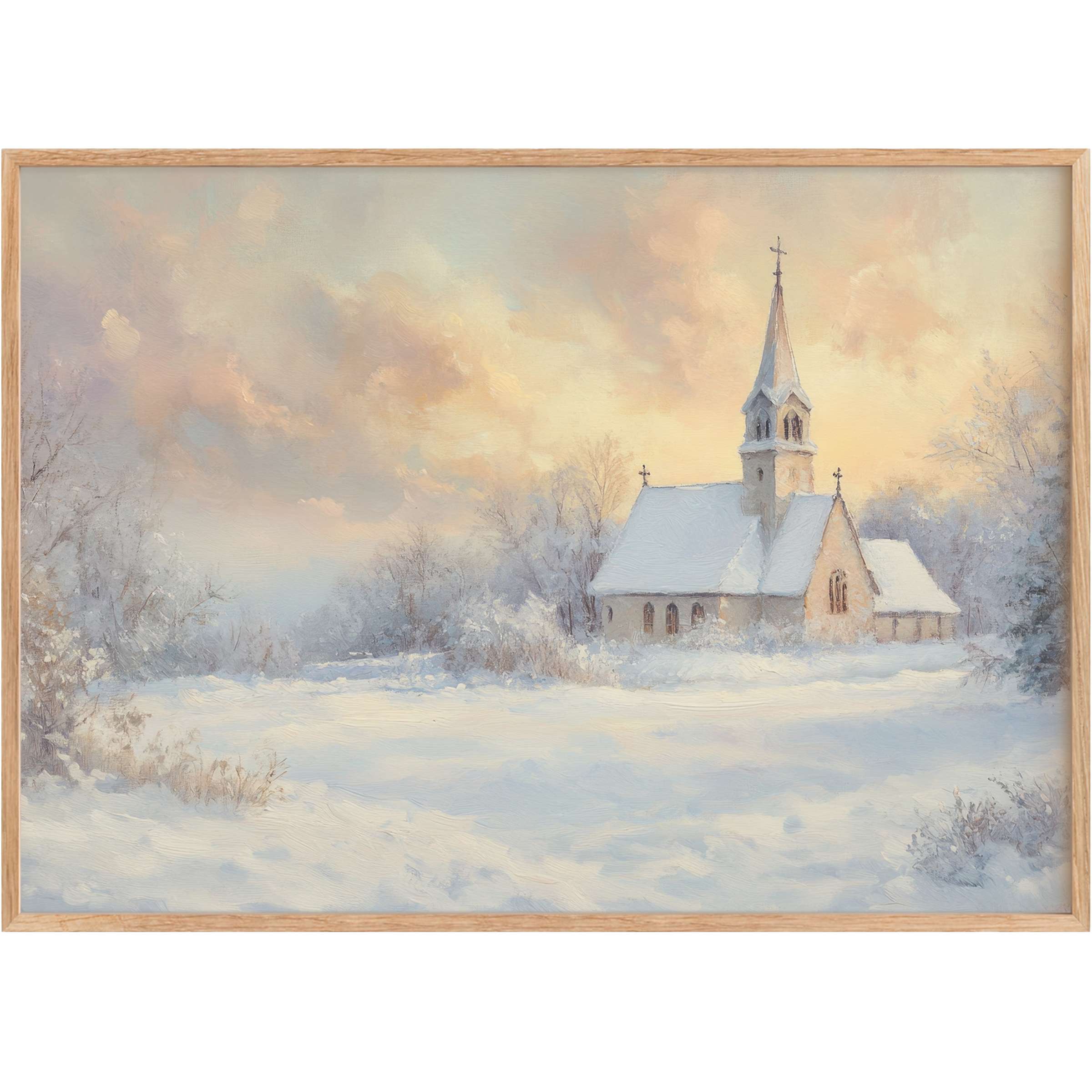 Ethereal Christmas printable wall art capturing a serene snow-covered chapel amid soft pastel skies, evoking calm and timeless elegance