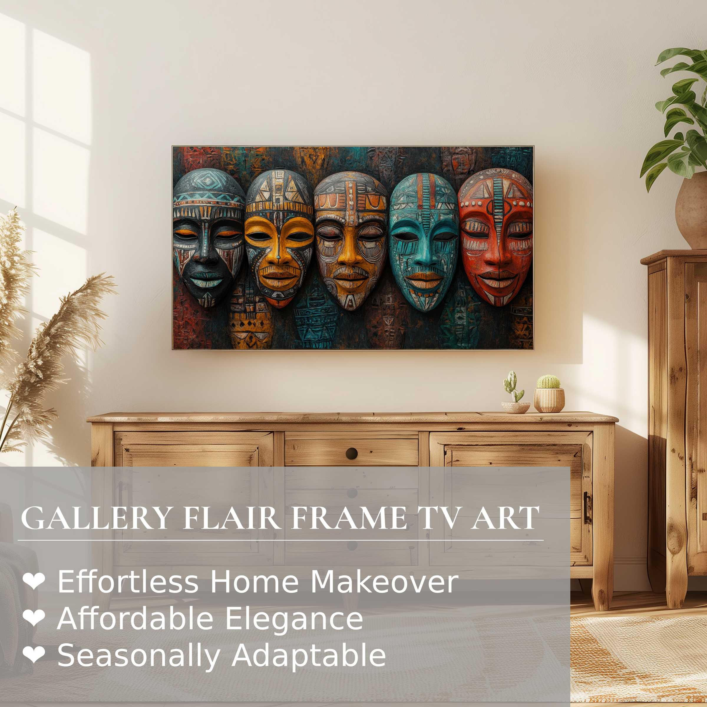 Samsung Frame TV displaying vibrant boho digital artwork of tribal masks in a modern, cozy living space