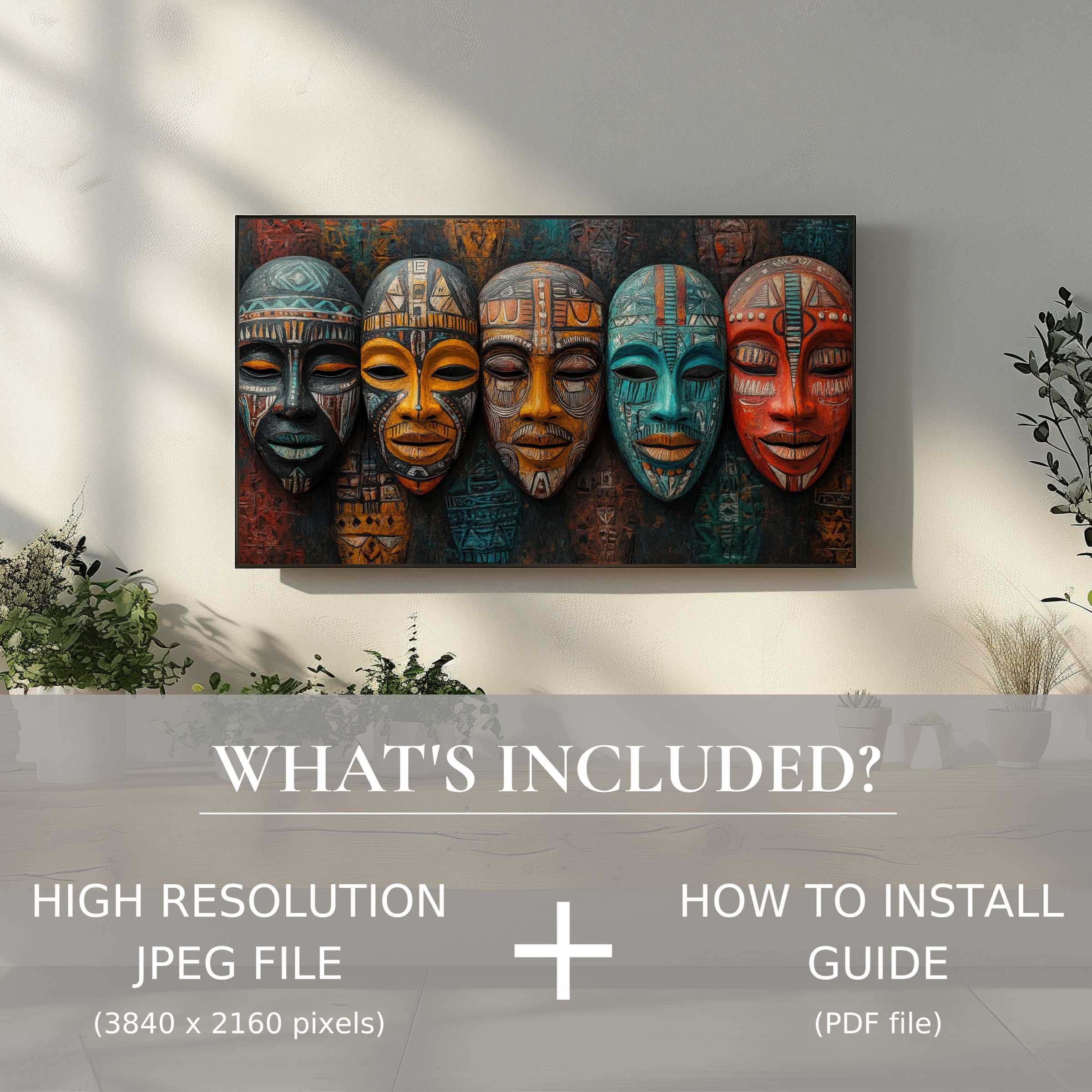 Elegant boho digital TV art download of tribal masks enhances living spaces with easy, high-res digital use and style