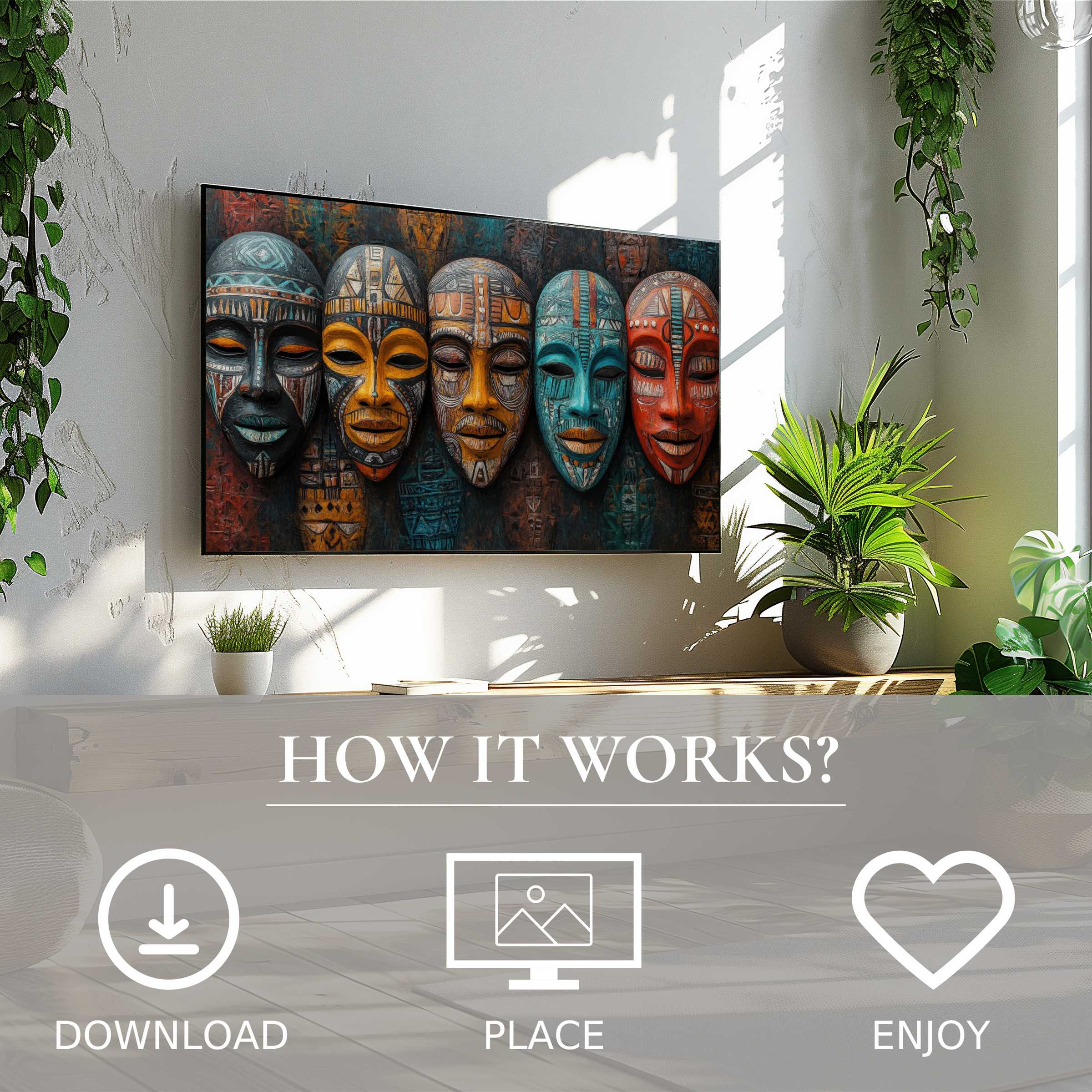 Boho art for Samsung TV features vibrant tribal masks in warm, earthy tones; easy digital download enriches any modern living space