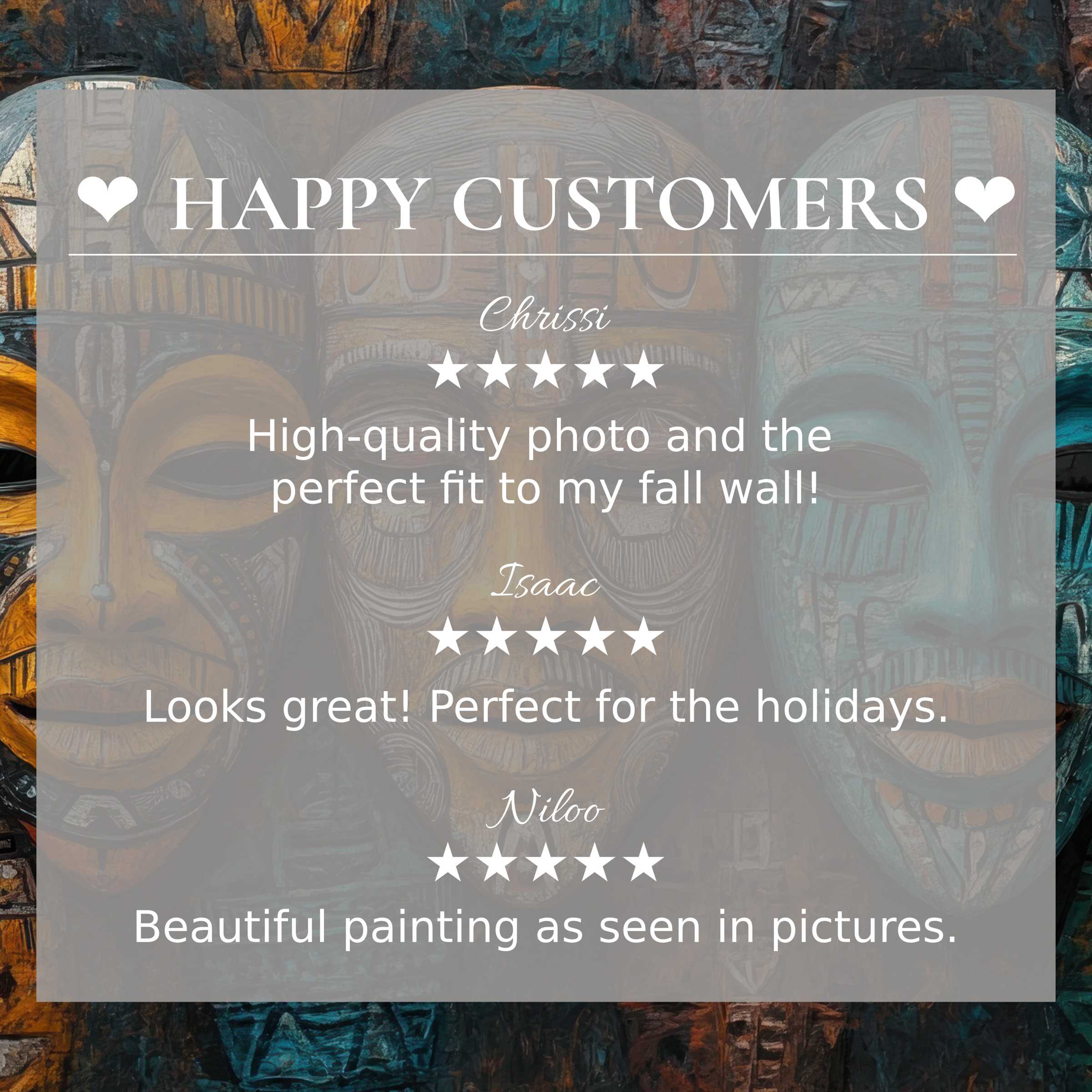 Boho art for Frame TV with abstract tribal masks background, showcasing happy customer reviews and refined aesthetic appeal