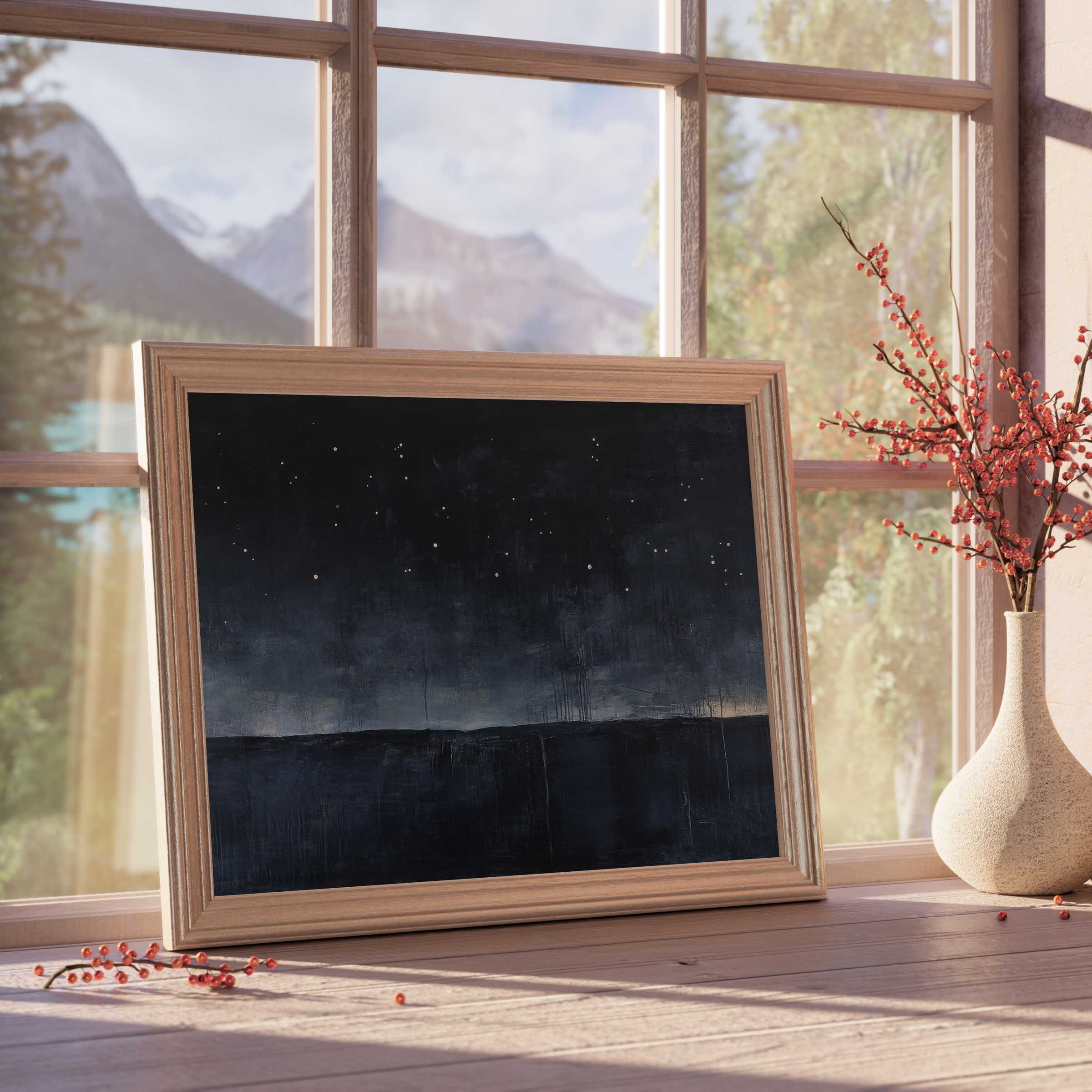 Minimalist downloadable art capturing a serene night sky, enriching curated interiors with calm, timeless elegance and natural warmth