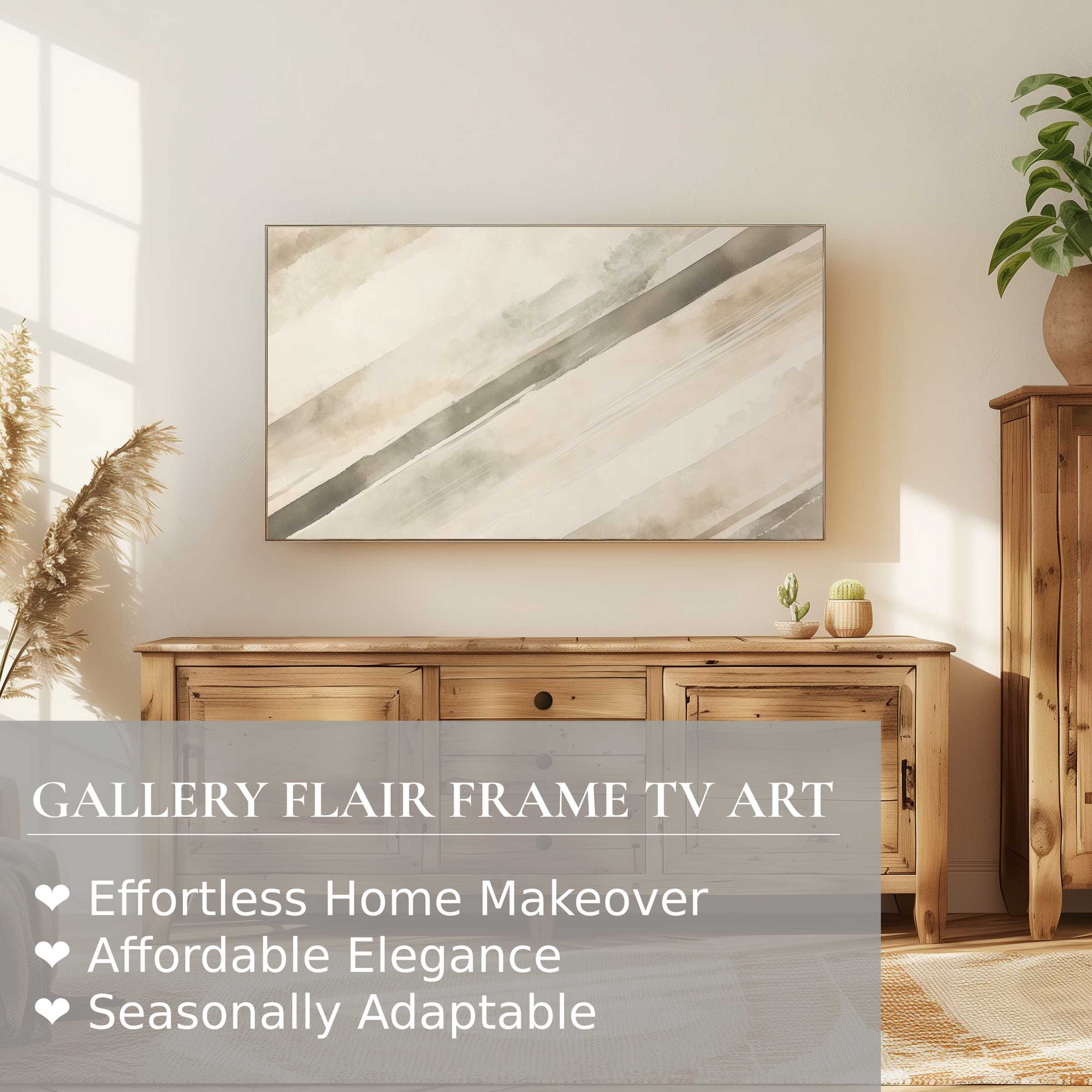 Samsung Frame TV displaying neutral digital artwork in a serene, modern living room with natural wood accents