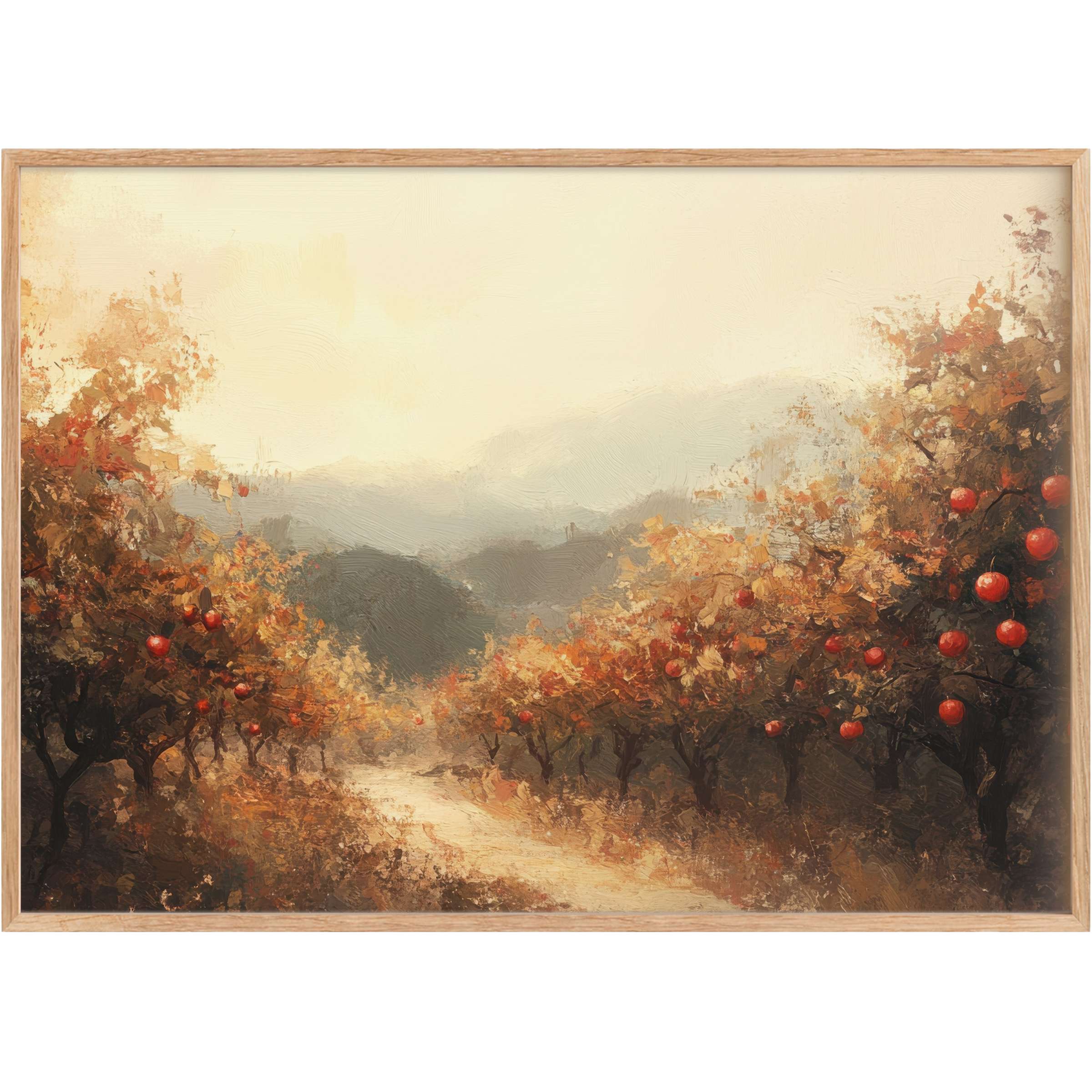 Radiant fall printable wall art capturing a sunlit orchard path in warm amber and soft earth tones, evoking serene autumn elegance