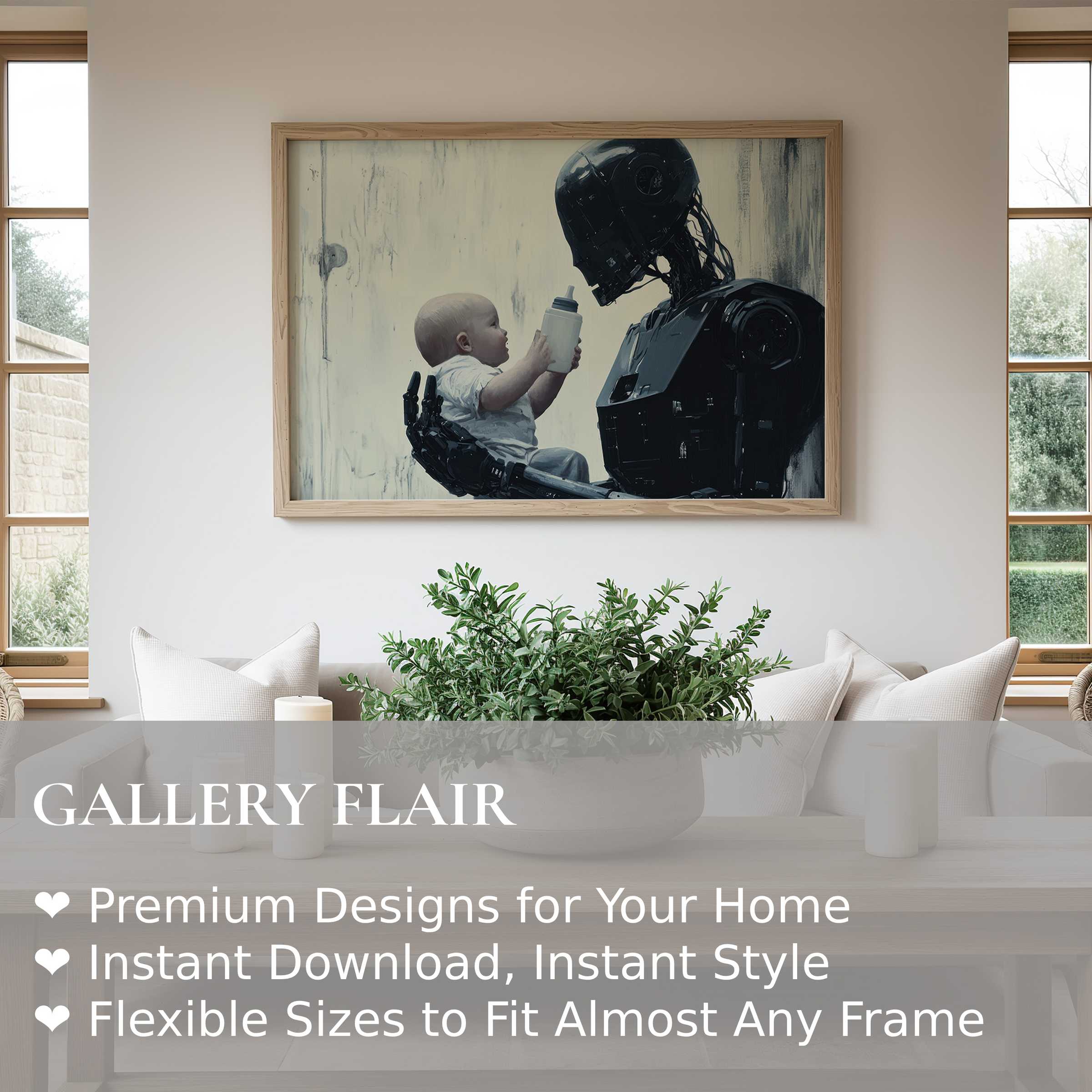 Bold street art wall art print featuring a futuristic robot cradling a baby, adding avant-garde edge to modern minimalist interiors