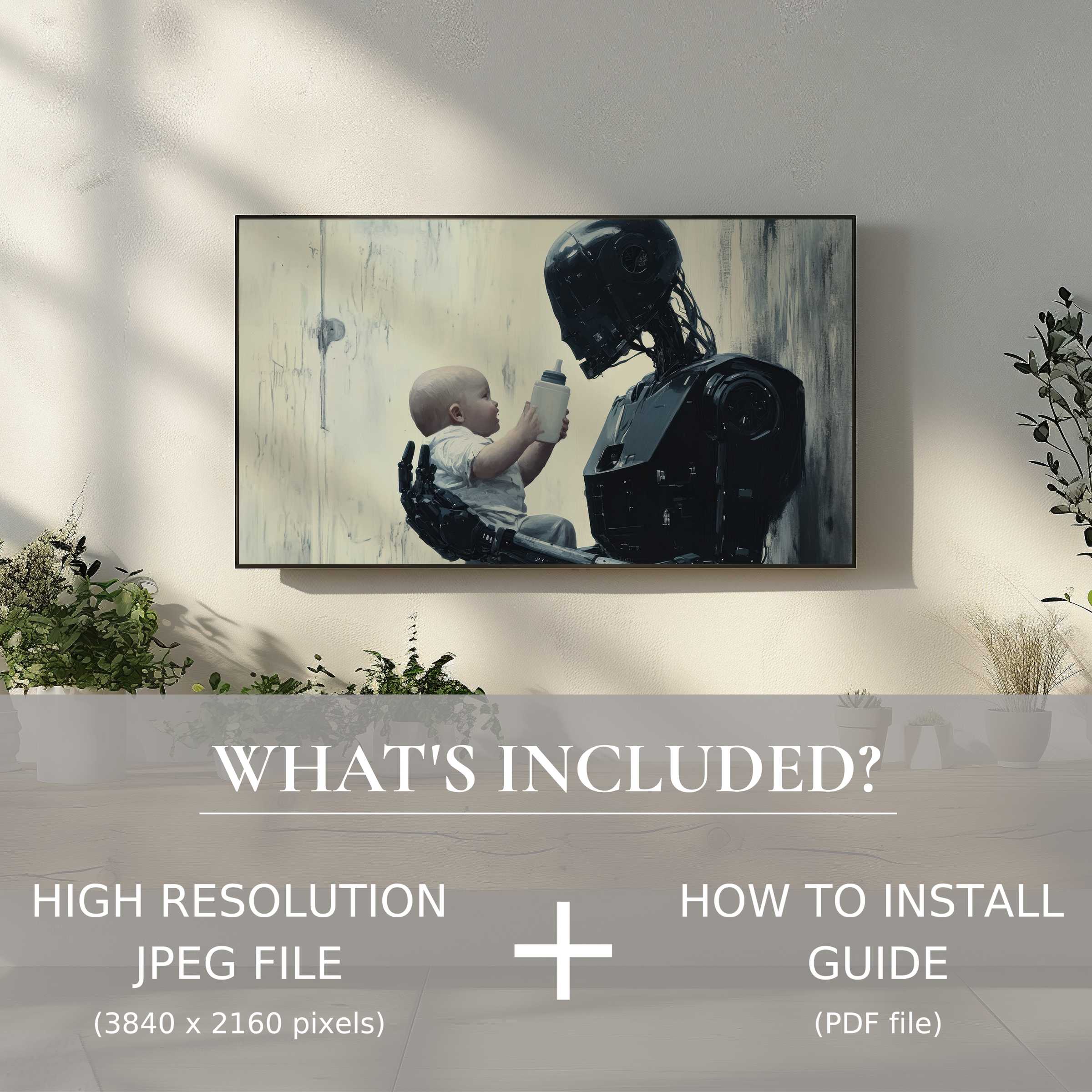 Modern living room with street art digital TV art download, easy digital use elevates your decor effortlessly