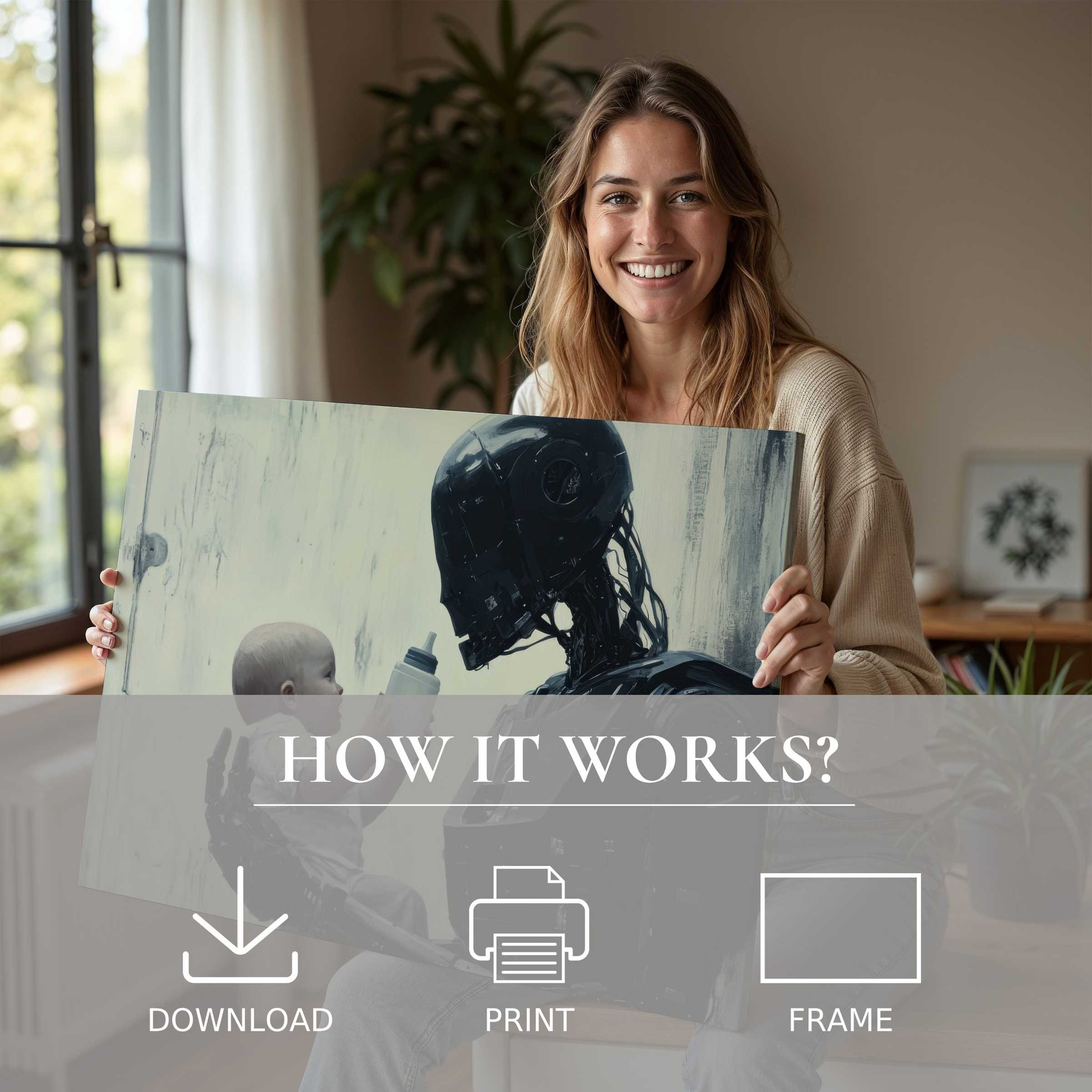 A radiant moment of connection with street art digital art print, seamlessly enriching modern interiors with joy and effortless elegance