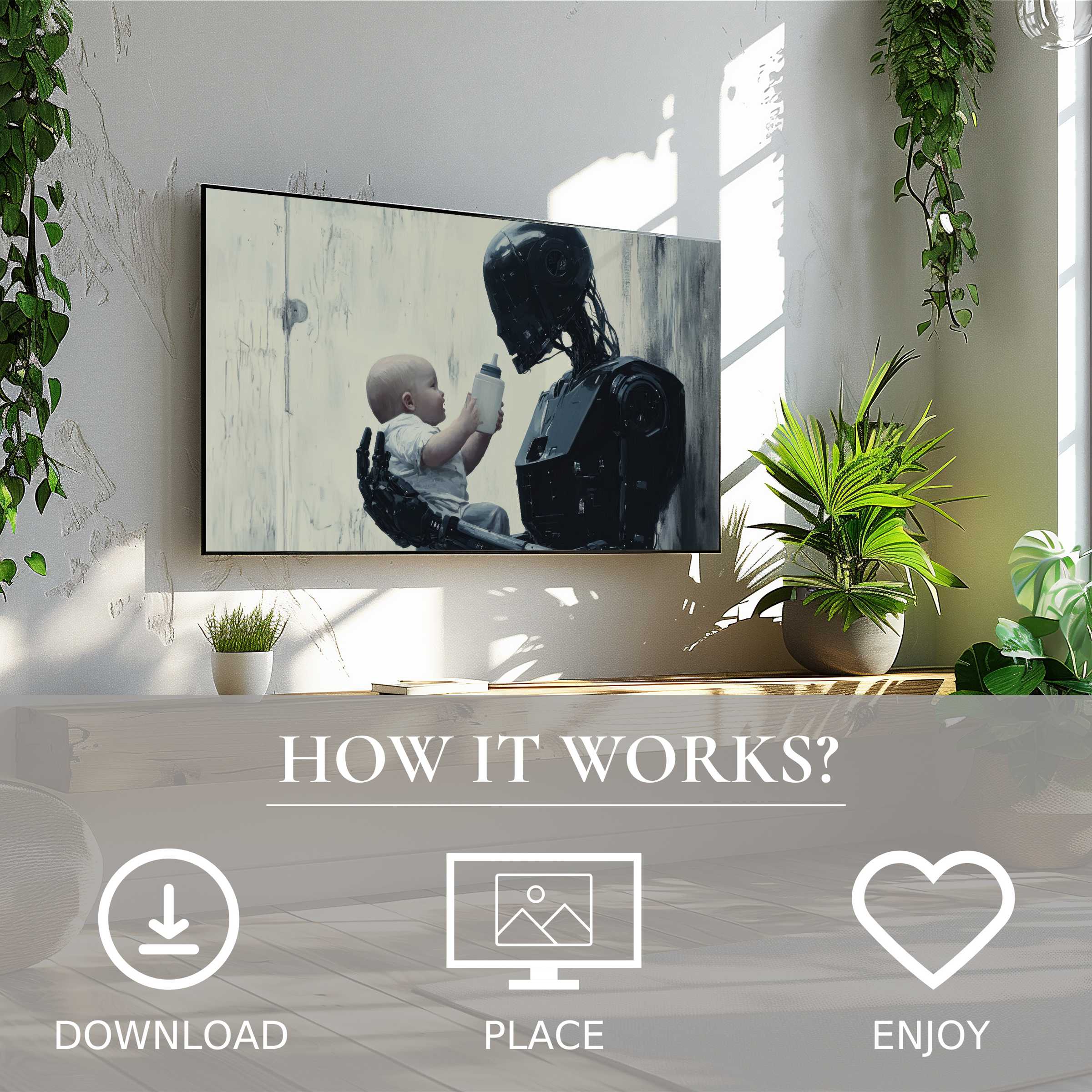 Modern living room with street art for Samsung TV featuring a robot and baby motif, easy digital download decor