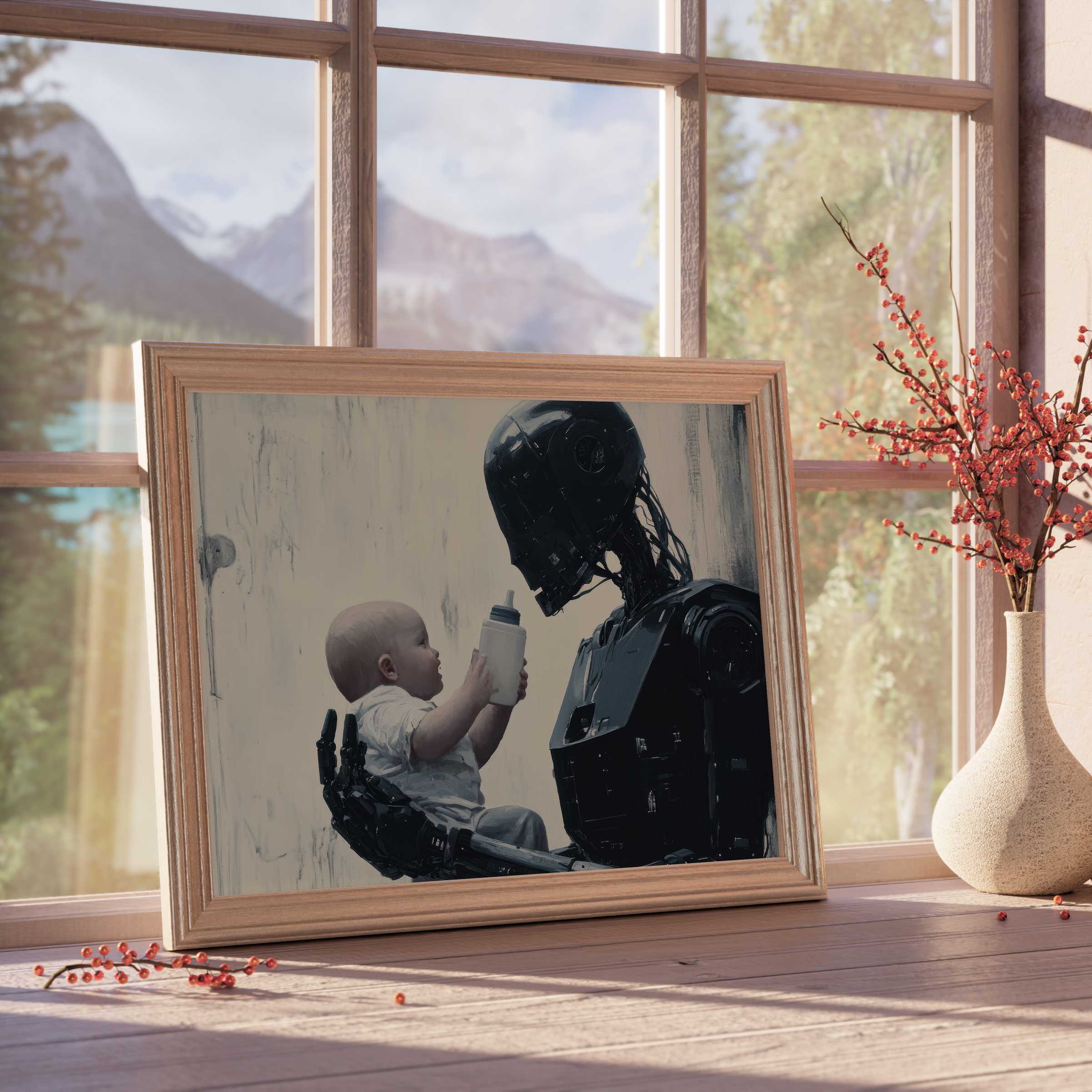Street art downloadable art capturing tender futurism with a robot gently cradling a baby, enhancing serene, curated interiors