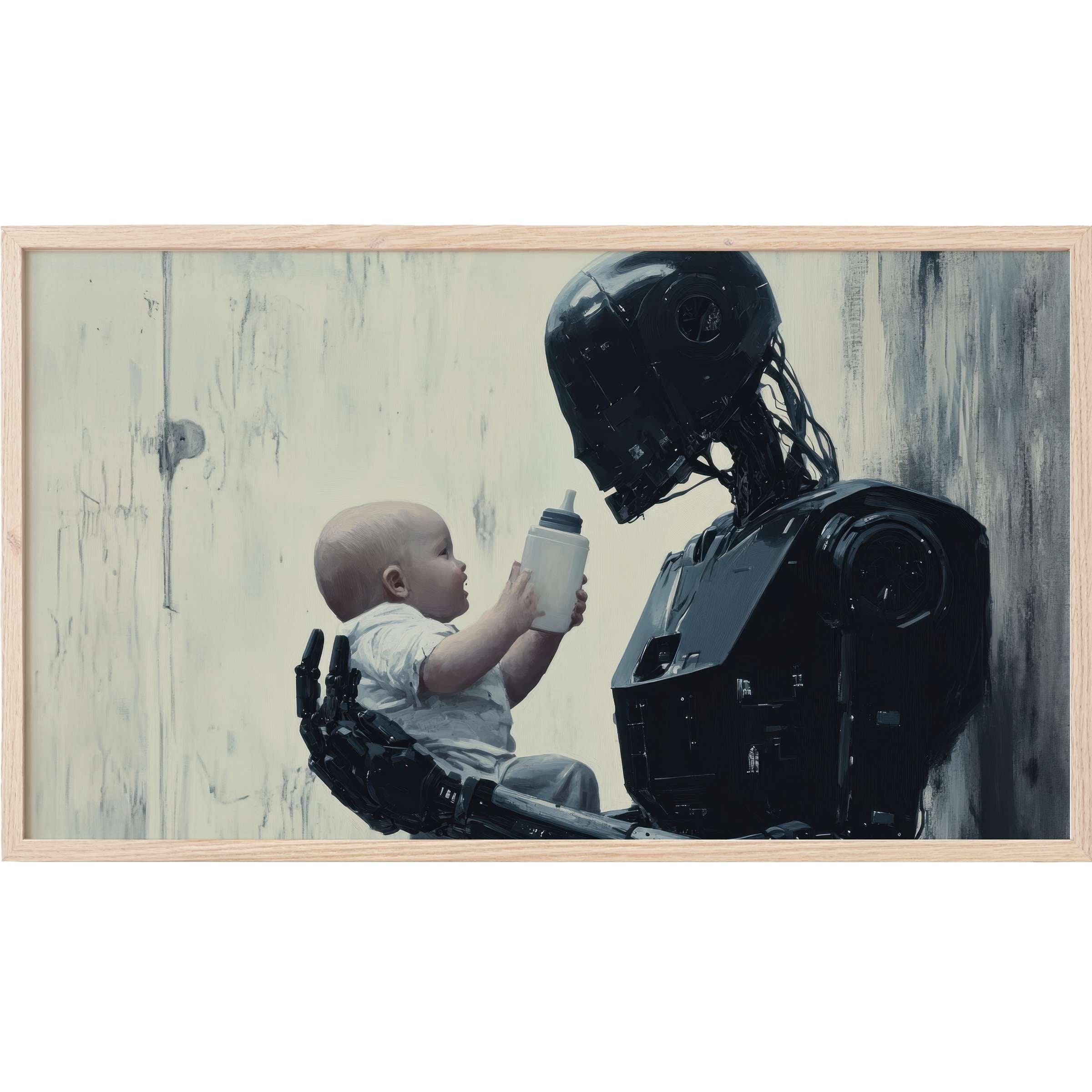Street art Frame TV Art of a sleek black robot tenderly holding a baby with muted grayscale tones