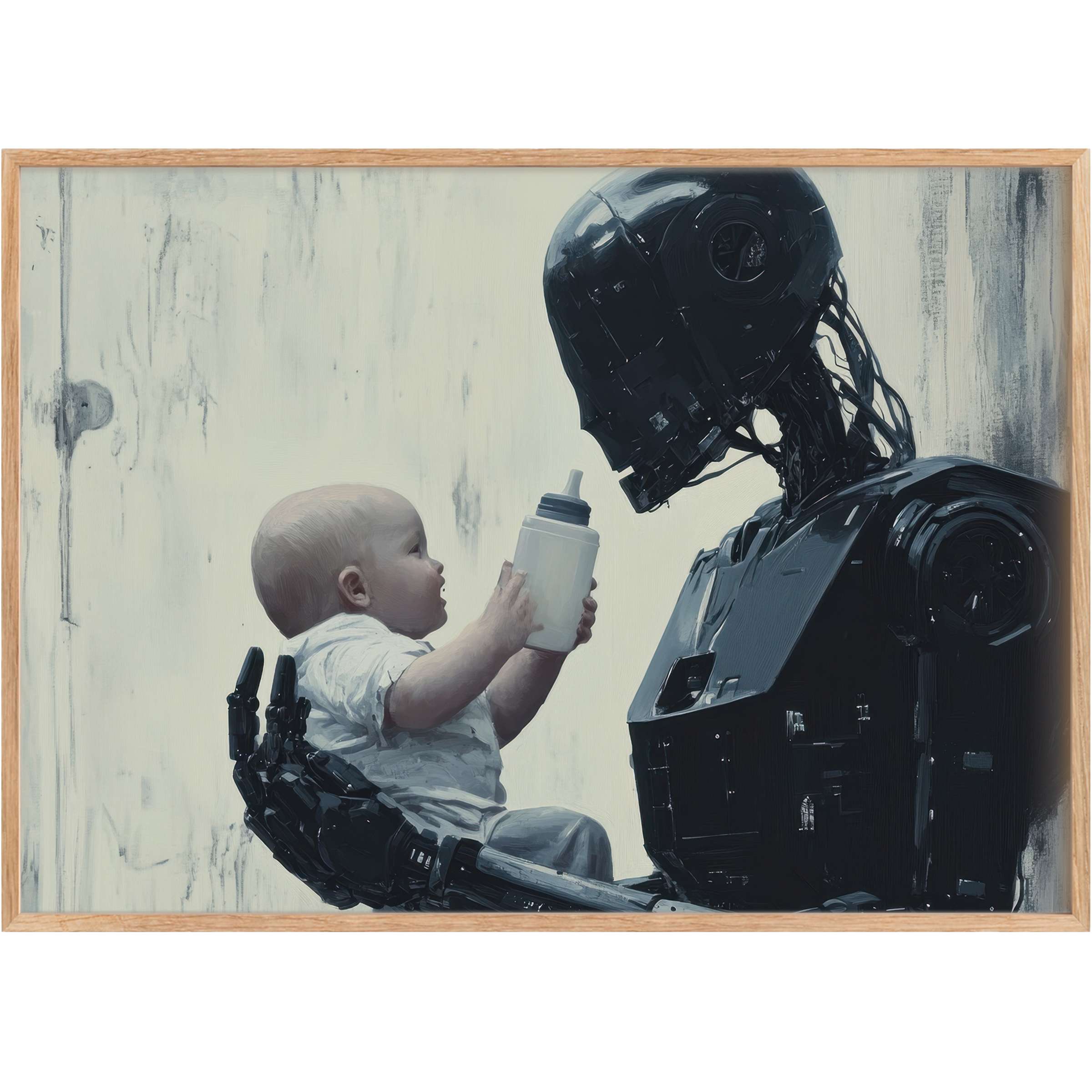 Futuristic warmth meets tender care in this street art printable wall art, blending soft neutrals with sleek black tones for a striking, contemplative mood